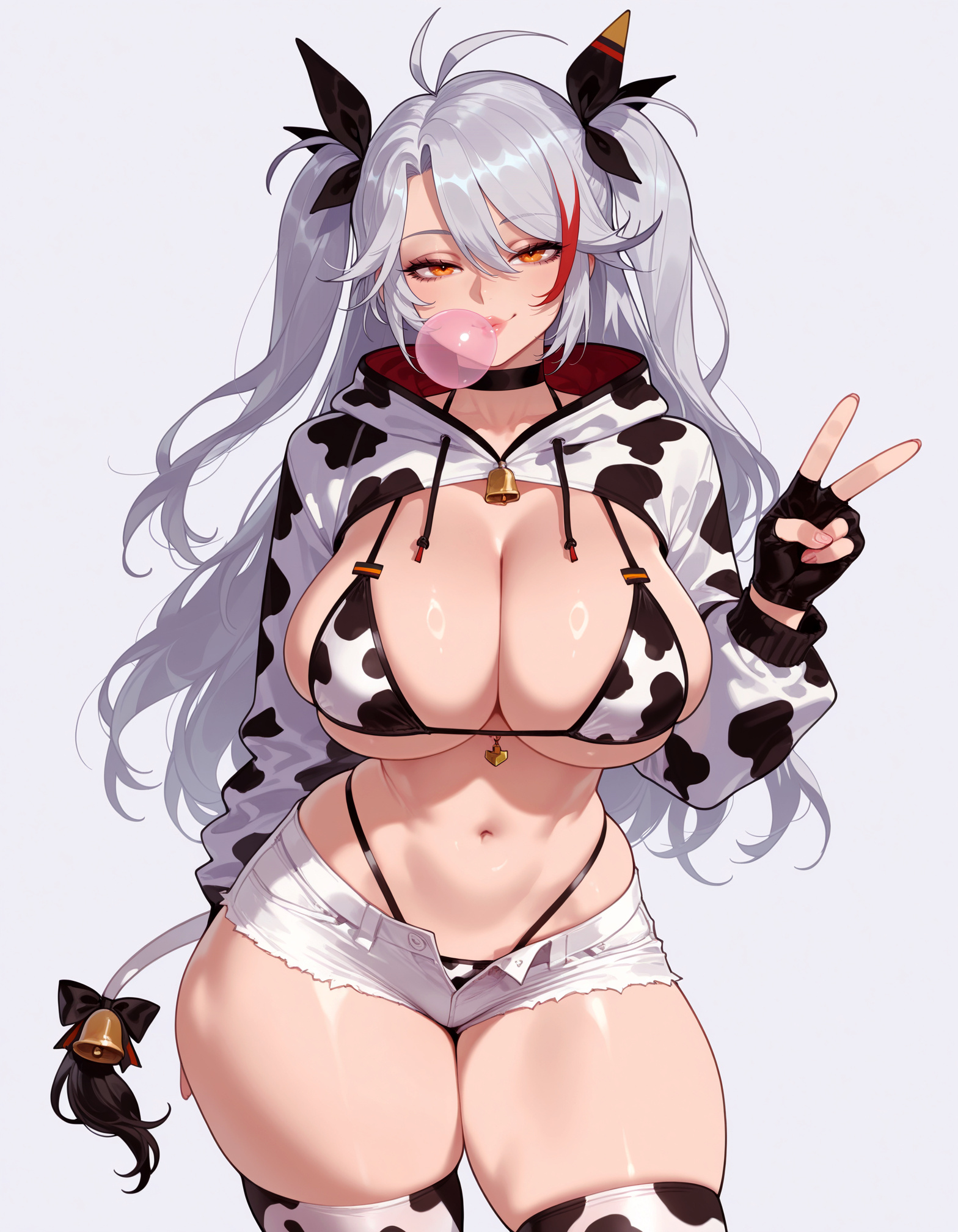 1girls, ai generated, alternate costume, animal print, antenna hair, azur lane, balecxi, bell, bikini, black choker, black gloves, black ribbon, breasts, bubble blowing, chewing gum, choker, cleavage, clothing, cow ears, cow print, cow print bikini, cow tail, cowbell, cropped hoodie, curvaceous, curvaceous female, curvaceous figure, curvy, curvy figure, fake tail, female, female focus, female only, fingerless gloves, gloves, grey background, grey hair, hair between eyes, hair ornament, hair ribbon, hand up, highleg, highleg bikini, hood, hood down, hoodie, huge breasts, inviting, large breasts, legwear, long hair, long sleeves, looking at viewer, micro shorts, mole on breast, multicolored hair, navel, neck bell, no shirt, open fly, orange eyes, presenting, presenting ass, presenting breasts, presenting hindquarters, presenting self, print bikini, print swimsuit, prinz eugen (azur lane), prinz eugen (unfading smile) (azur lane), red hair, ribbon, seductive, seductive look, seductive smile, short shorts, shorts, shrug (clothing), sideboob, simple background, skindentation, smile, solo, standing, stomach, streaked hair, swimsuit, tail, tail bell, tail bow, tail ornament, thick thighs, thighhighs, thighs, two side up, underboob, v, very long hair, voluptuous, voluptuous female, white background, white hair, white shorts, white thighhighs