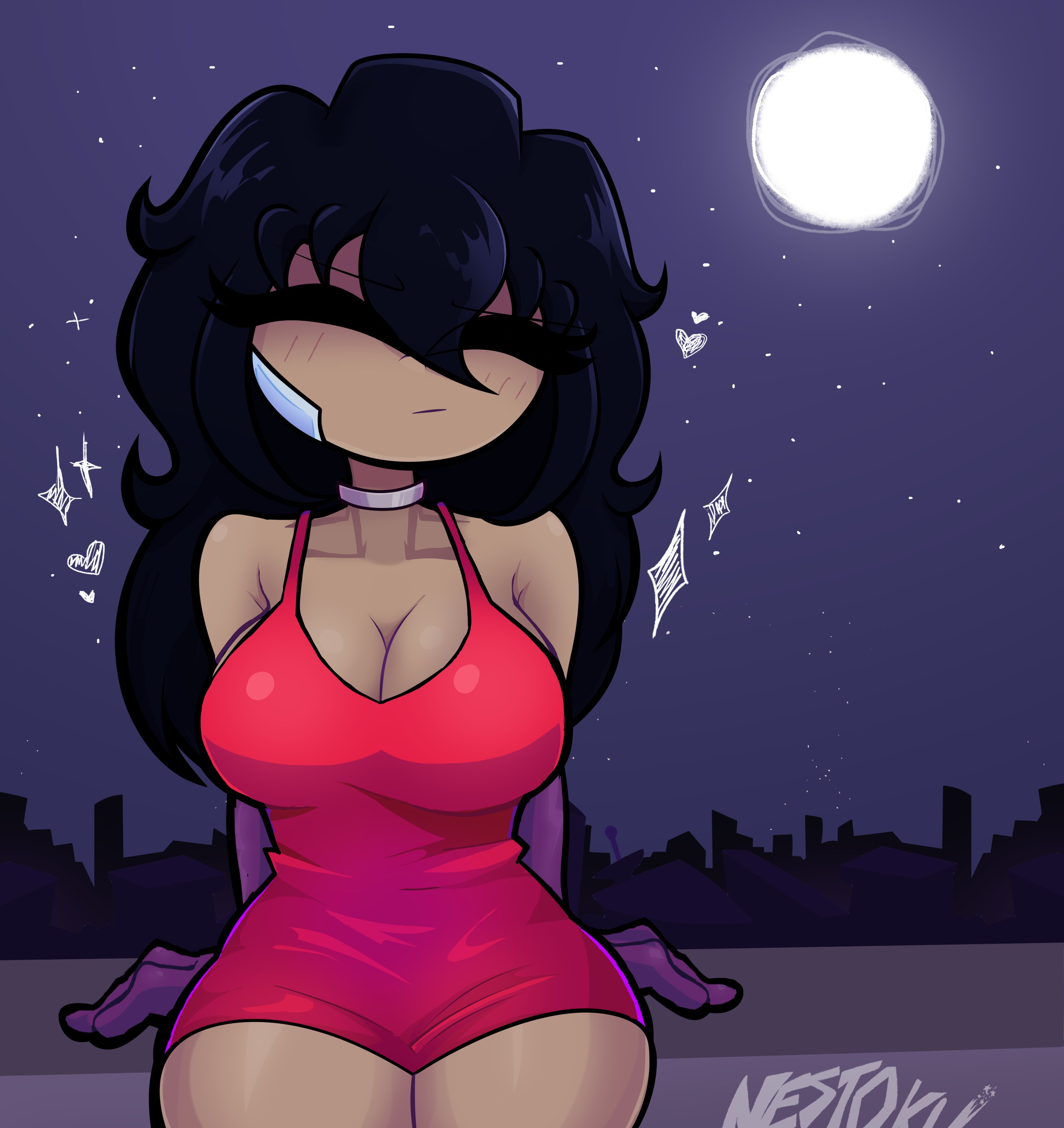 1girls, big breasts, big thighs, black hair, blush, blushing female, brown hair, dress, female, fnf, fnf mods, friday night funkin, girlfriend (friday night funkin), gloves, latina, long hair, mondongo, necklace, nestoku, red dress