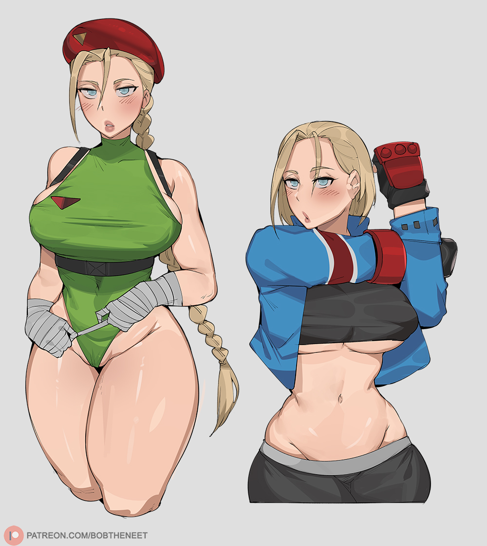 2girls, beret, big breasts, blonde hair, blue eyes, bobtheneet, breasts, cammy white, droctojuice, elijahzx, female, female only, green leotard, hat, large breasts, leotard, multiple girls, street fighter, street fighter 6