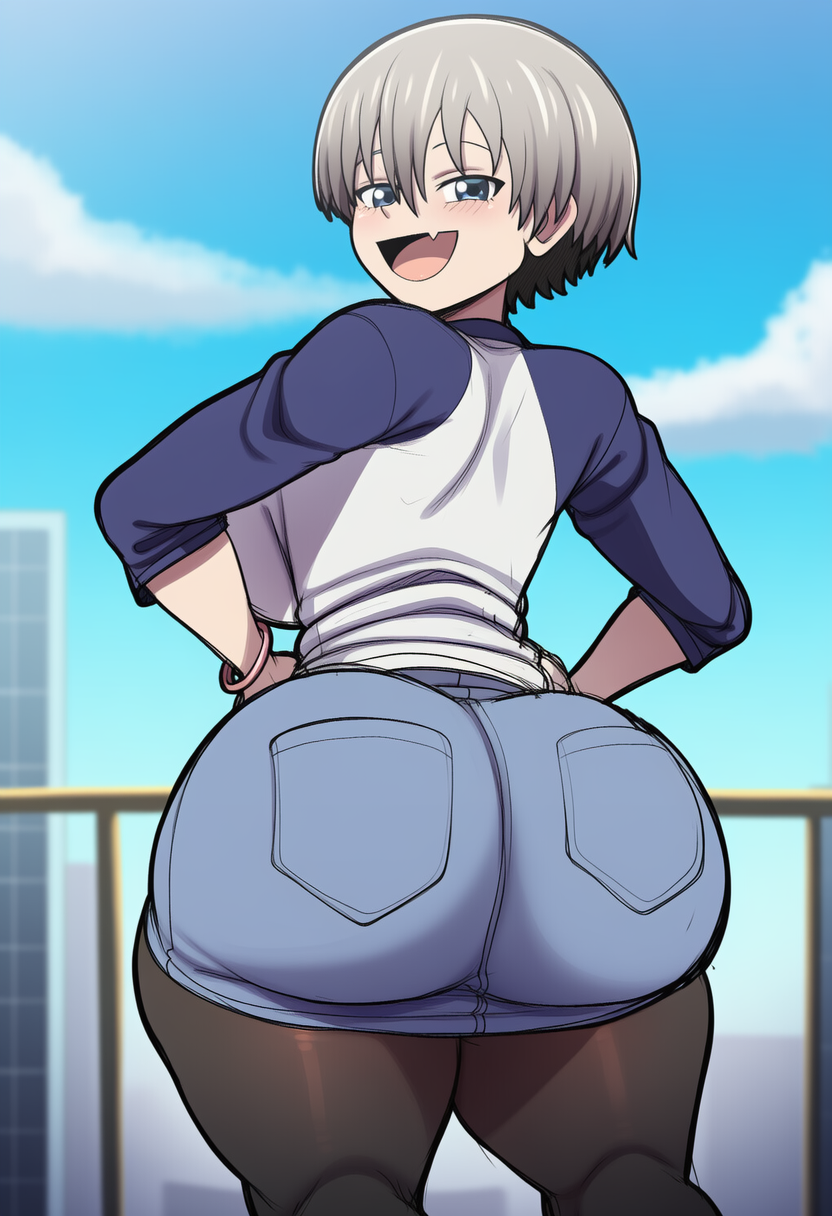 1girls, ai, ai generated, ass focus, back view, behind view, big ass, big butt, bubble ass, bubble butt, female, looking at viewer, novelai, solo, thick thighs, uzaki hana, uzaki-chan wa asobitai!