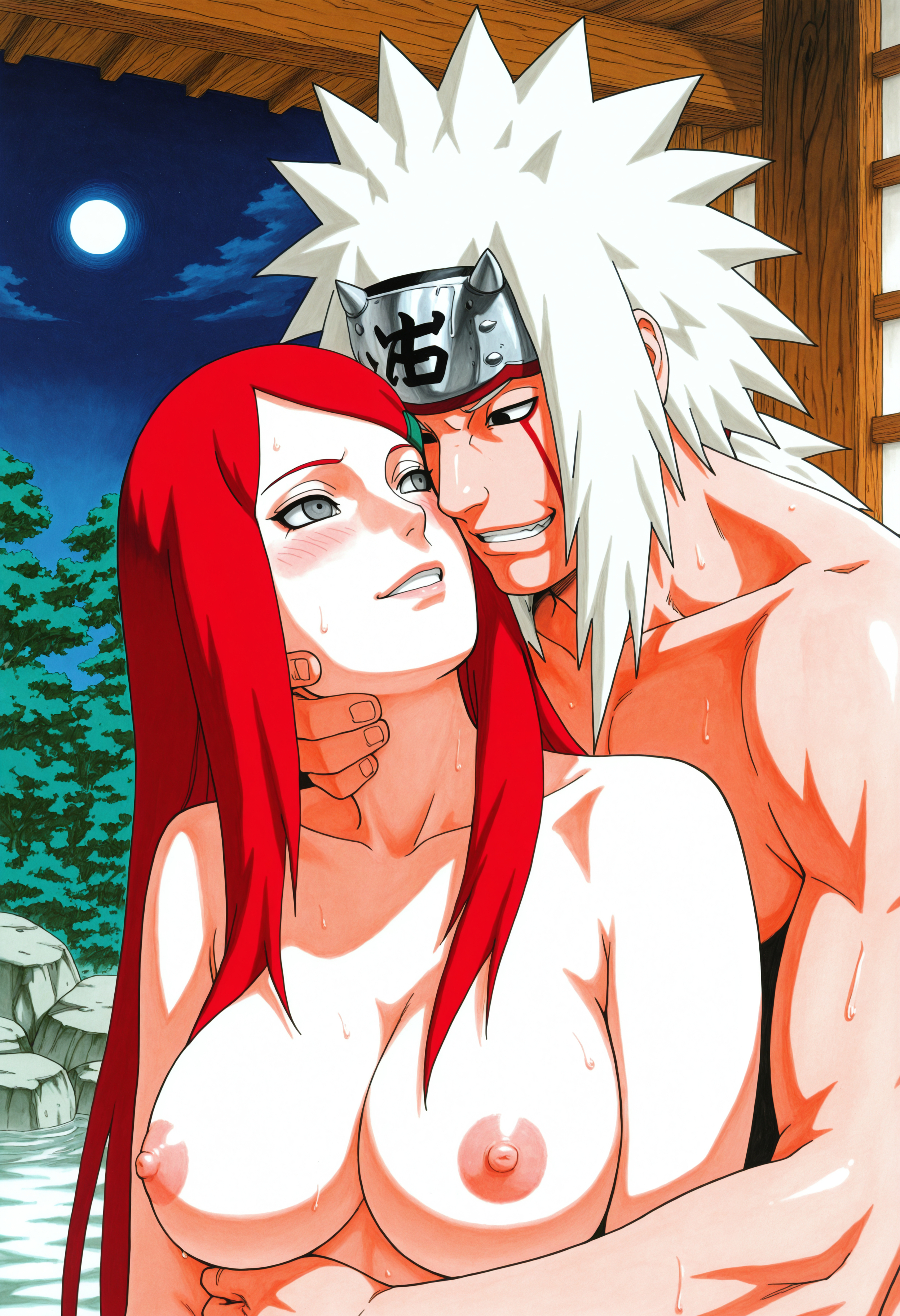 1boy, 1girls, accurate art style, ai generated, big breasts, blush, breasts, cheating wife, completely nude, female, female focus, grabbing breasts, grabbing from behind, grey eyes, highres, hot spring, huge breasts, jiraiya, large breasts, looking at partner, male, manga style, masashi kishimoto style, milf, naruto, naruto (series), naruto shippuden, netorare, ntr, nude, nude female, older male and younger female, onsen, red hair, shadowlabrys, smile, tied hair, uncensored, upper body, uzumaki kushina, very long hair, voluptuous, white hair