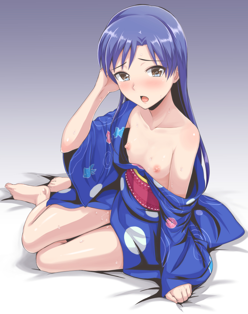 arm support, barefoot, black eyes, blue hair, collarbone, dan (orange train), feet, female, flat chest, hair, idolmaster, japanese clothes, kimono, kisaragi chihaya, long hair, nipples, no panties, obi, off shoulder, sash, sitting, solo, sweat, yokozuwari