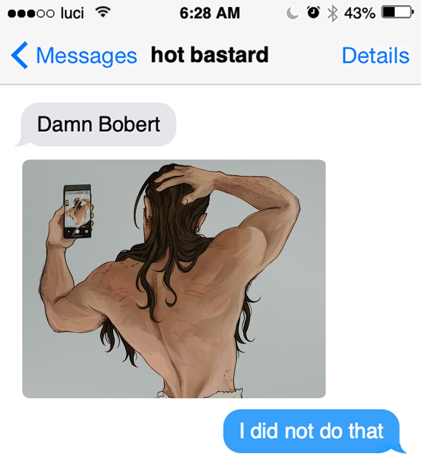 dispatch (game), flambae, gay, holding phone, long hair, male, male only, message, reverienfernal, sending photo