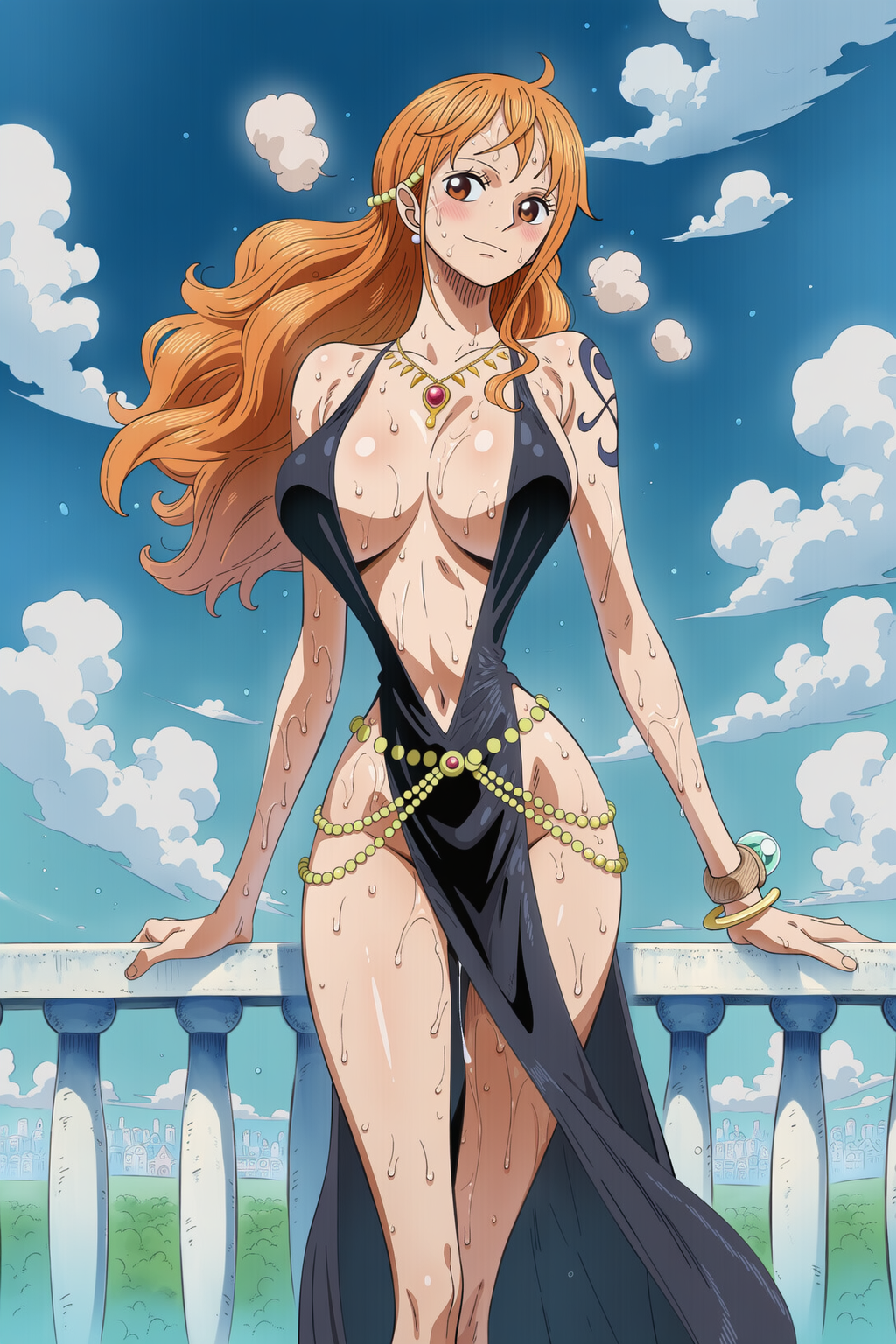 1girls, ai generated, arm tattoo, big breasts, blue tattoo, clothing, dreamoff, female, female only, nami (one piece), no panties, one piece, orange hair, orange-haired female, tattoo