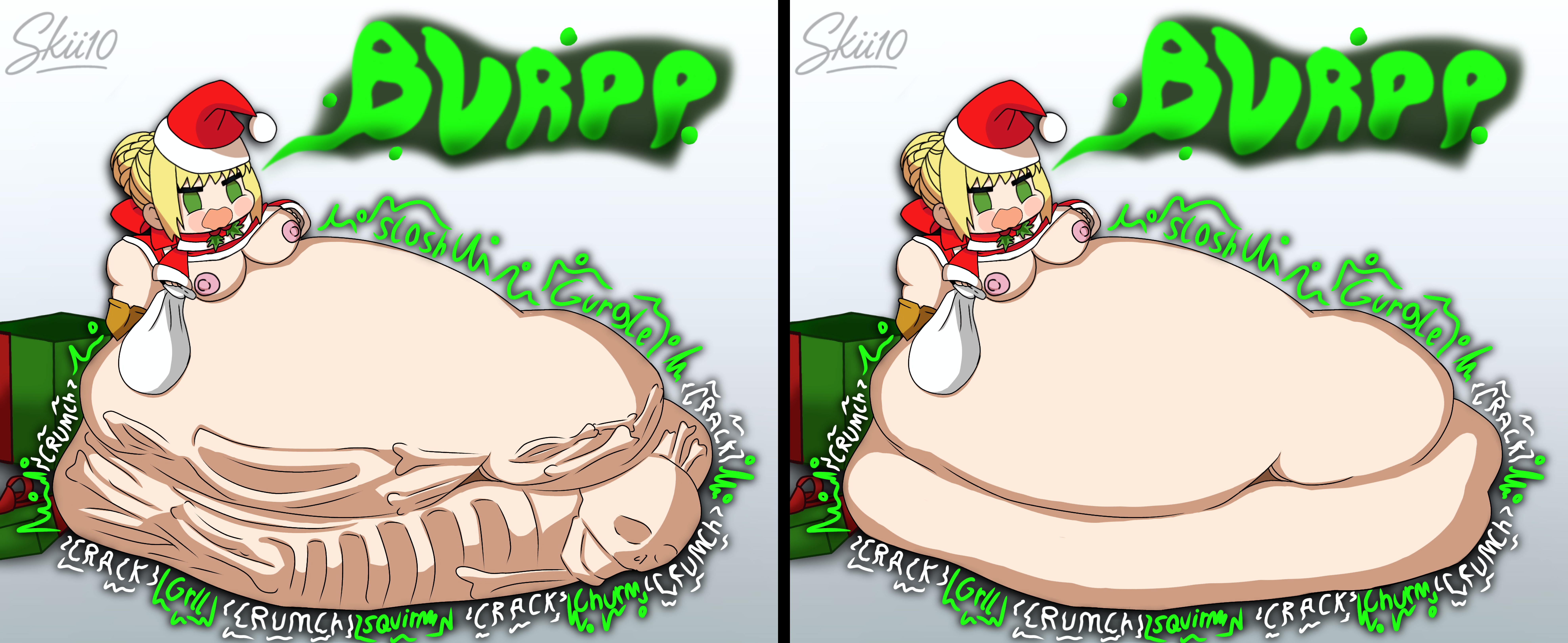 adorable, belch, belching, belly, belly bulge, belly noises, belly overhang, big ass, big belly, big breasts, big thighs, blonde hair, bones, bones in belly, bones in stomach, breasts, burp, burping, chibi, christmas, cute, cute pred, digest, digested, digested alive, digested prey, digesting, digesting live prey, digesting prey, digestion, digestion noises, digestion sequence, f/f, fatal vore, fate (series), fate/extra, fate/grand order, female, female pred, female predator, female prey, green eyes, hyper, hyper belly, meme, nero claudius (fate), nero claudius (fate/extra), onomatopoeia, oral vore, padoru, padoru (meme), post-vore, santa costume, santa hat, santa suit, skii10, skull, unwilling prey, vore, vore belly, willing pred, yellow hair