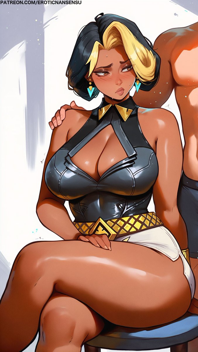 1boy, 1girls, ai assisted, ai generated, before sex, blush, breasts, cleavage, domina, erotic nansensu, hand on shoulder, hand on thigh, legs crossed, lips, overwatch, pretty face, thick thighs, thighs