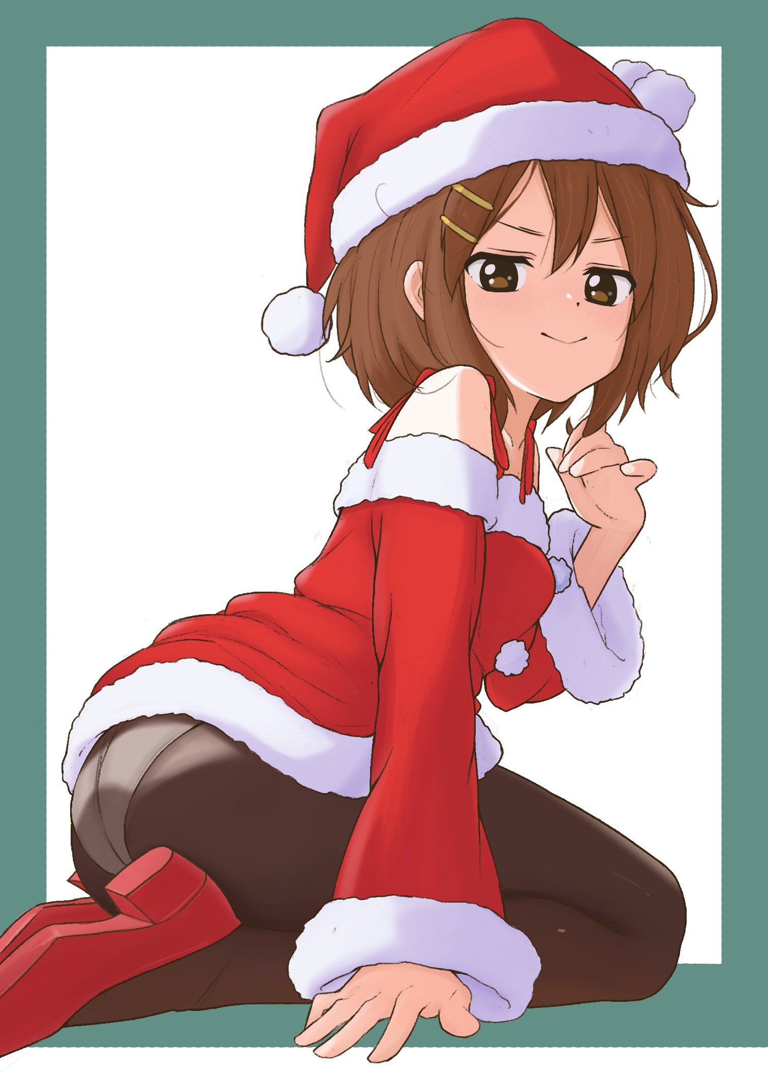andrey pavlow, ass, bare shoulders, black pantyhose, block heels, brown eyes, brown hair, dress, female, fur trim, fur-trimmed dress, fur-trimmed headwear, fur-trimmed sleeves, hair ornament, hairclip, hat, highres, k-on!, long sleeves, looking at another, looking at viewer, panties, panties under pantyhose, pants, pantyhose, parallel hairclips, pom pom (clothes), red dress, red shoes, santa costume, santa dress, santa hat, shoes, short hair, sitting, smile, smug, solo, underwear, wariza, white panties, yui hirasawa (k-on!)