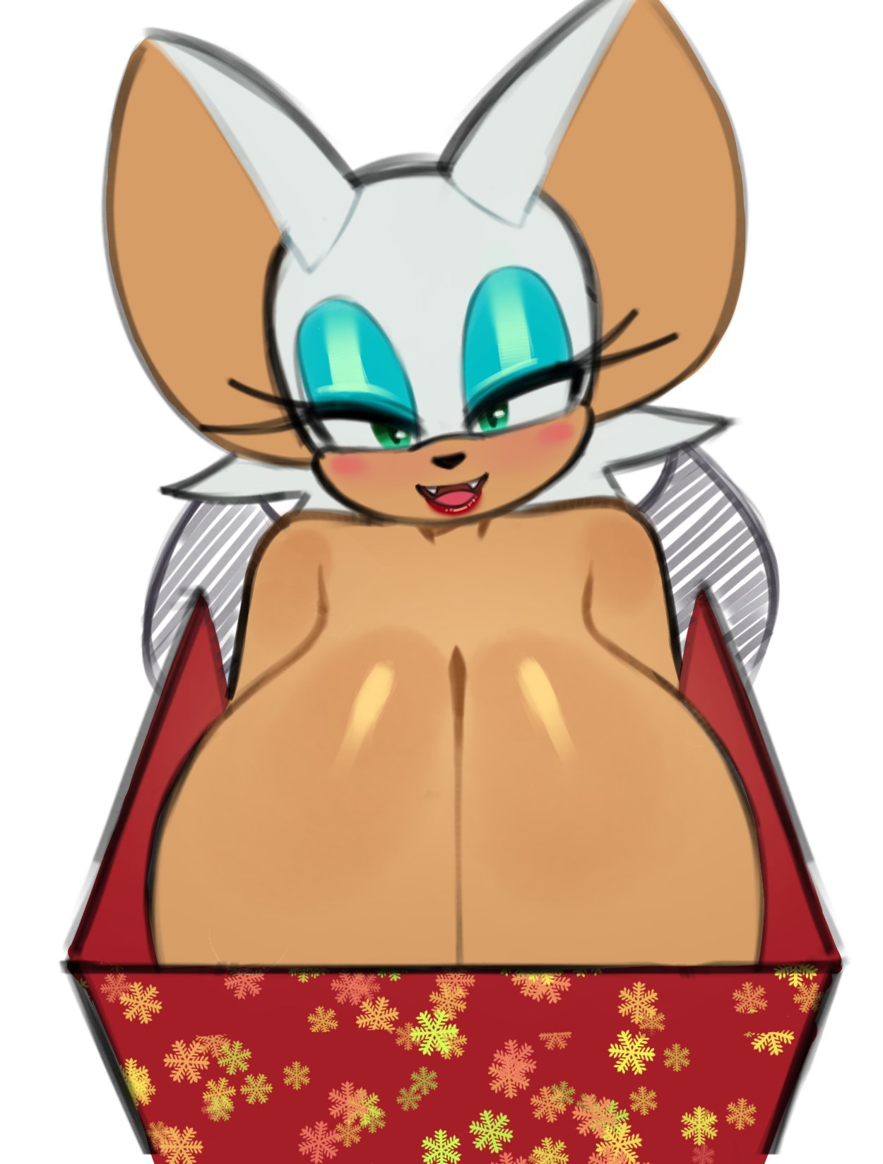 2025, anthro, bat, big breasts, big ears, black nose, blue eyeshadow, blush, box, breasts, breasts in a box, cleavage, clothed, clothing, container, eyelashes, eyeshadow, fangs, female, gift box, grey eyes, grimy291, hi res, huge breasts, lipstick, looking at viewer, makeup, mammal, open mouth, open smile, red lipstick, rouge the bat, sega, simple background, smile, solo, sonic (series), sonic the hedgehog (series), teeth, white background