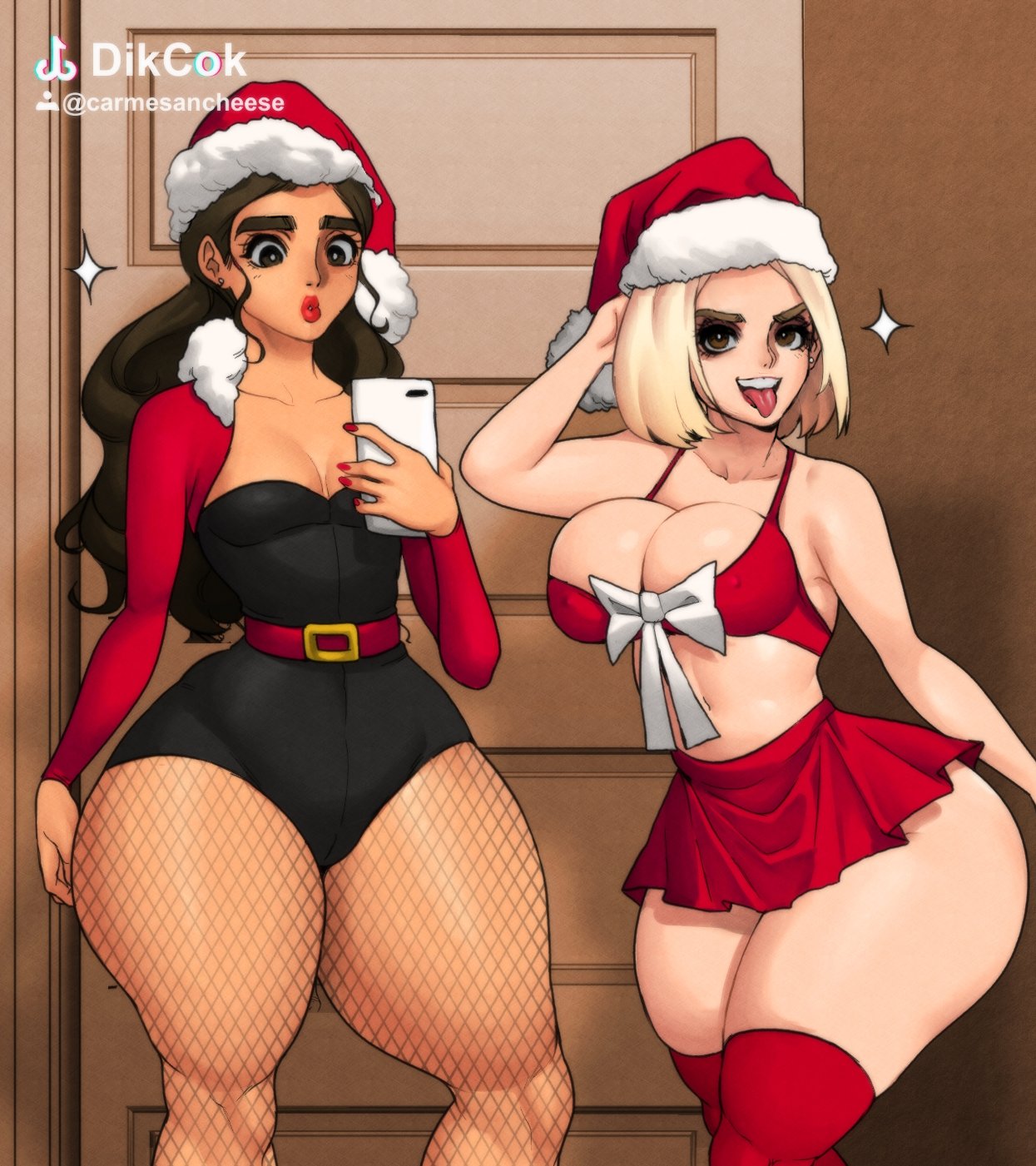 2girls alternate_version_available artist_name big_ass big_breasts blonde_hair bottom_heavy bra brown_hair bubble_butt carmen_and_kelsie carmen_marvello christmas christmas_hat dumptruck_ass ear_piercing female female_only fishnet_pantyhose fishnets fur_trim hourglass_figure huge_ass jay-marvel kelsie_daniels large_ass latina lingerie long_hair looking_at_viewer microskirt miniskirt overflowing_breasts pinup posing red_lipstick red_nails revision santa_hat selfie short_hair short_skirt skirt small_breasts small_waist standing thick_thighs tongue_out wide_hips