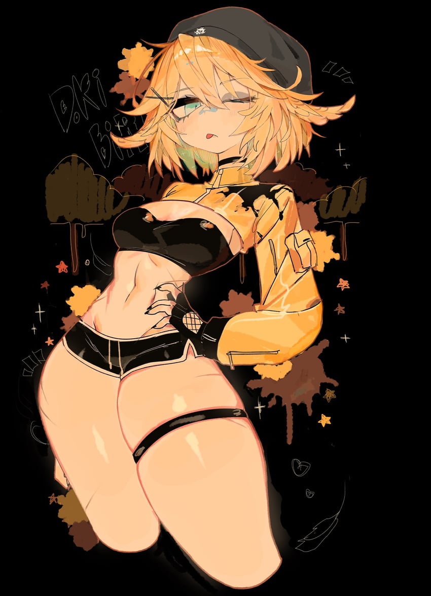 1girls, alternate costume, bandeau, beanie, black background, black nail polish, black nails, blonde hair, choker, cropped legs, dokibird, dokibird (bounty hunter), dolphin shorts, female, female focus, female only, fingerless gloves, hand on hip, indie virtual youtuber, long sleeves, looking at viewer, shaggy hair, short hair, short shorts, shorts, shrug (clothing), skindentation, small breasts, solo, solo female, solo focus, streetwear, thick thighs, thigh strap, tongue, tongue out, usa37107692, virtual youtuber, vtuber, wink, x hair ornament
