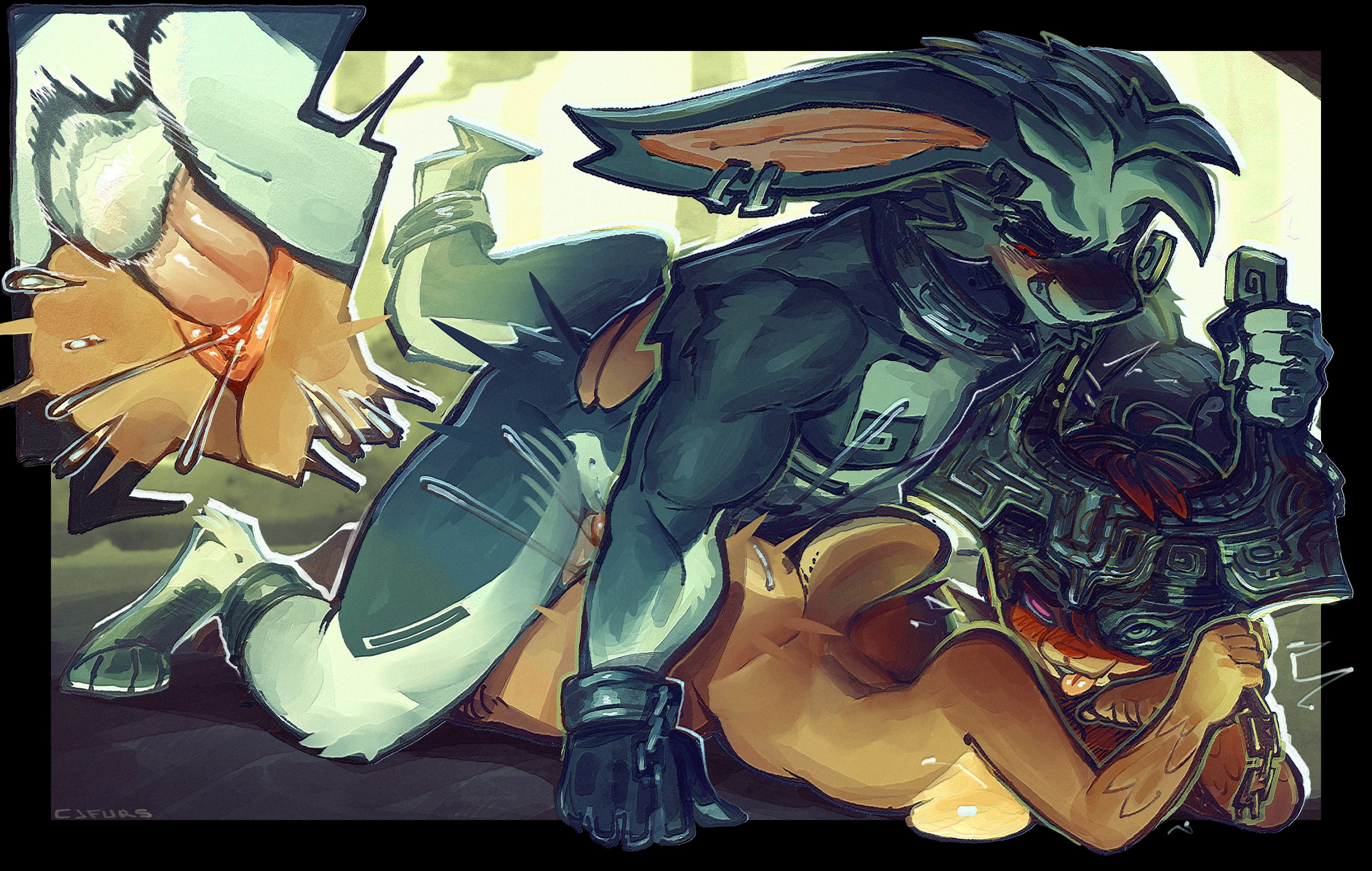 1boy, 1girls, absurd res, anthro, armor, ass, balls, big ears, black body, black fur, bodily fluids, breasts, brown body, brown fur, chain leash, chains, cjfurs, collar, cosplay, dominant, dominant female, duo, ejaculation, female, from behind position, fur, genital fluids, genitals, grin, headgear, helmet, hi res, imp, imp midna, lagomorph, leash, leashed collar, leporid, link, long ears, lying, male, male/female, mammal, midna, nintendo, on front, power bottom, prone bone position, rabbit, red eyes, sex, short tail, smile, speed bump position, tail, the legend of zelda, twilight princess, vaginal fluids, vaginal squirting, wolf link