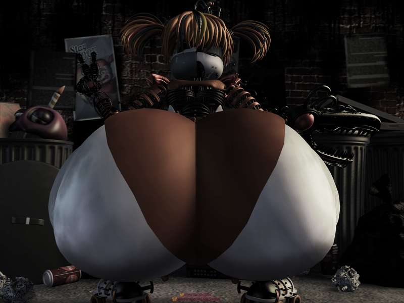 1girls, 3d, 3d (artwork), alley, alternate version available, animatronic female, ass visible through clothes, cupcake (fnaf), dirty, female, female only, five nights at freddy's, huge ass, laying on floor, oakensfm, robot girl, scrap baby, solo, source filmmaker, woodworksfm