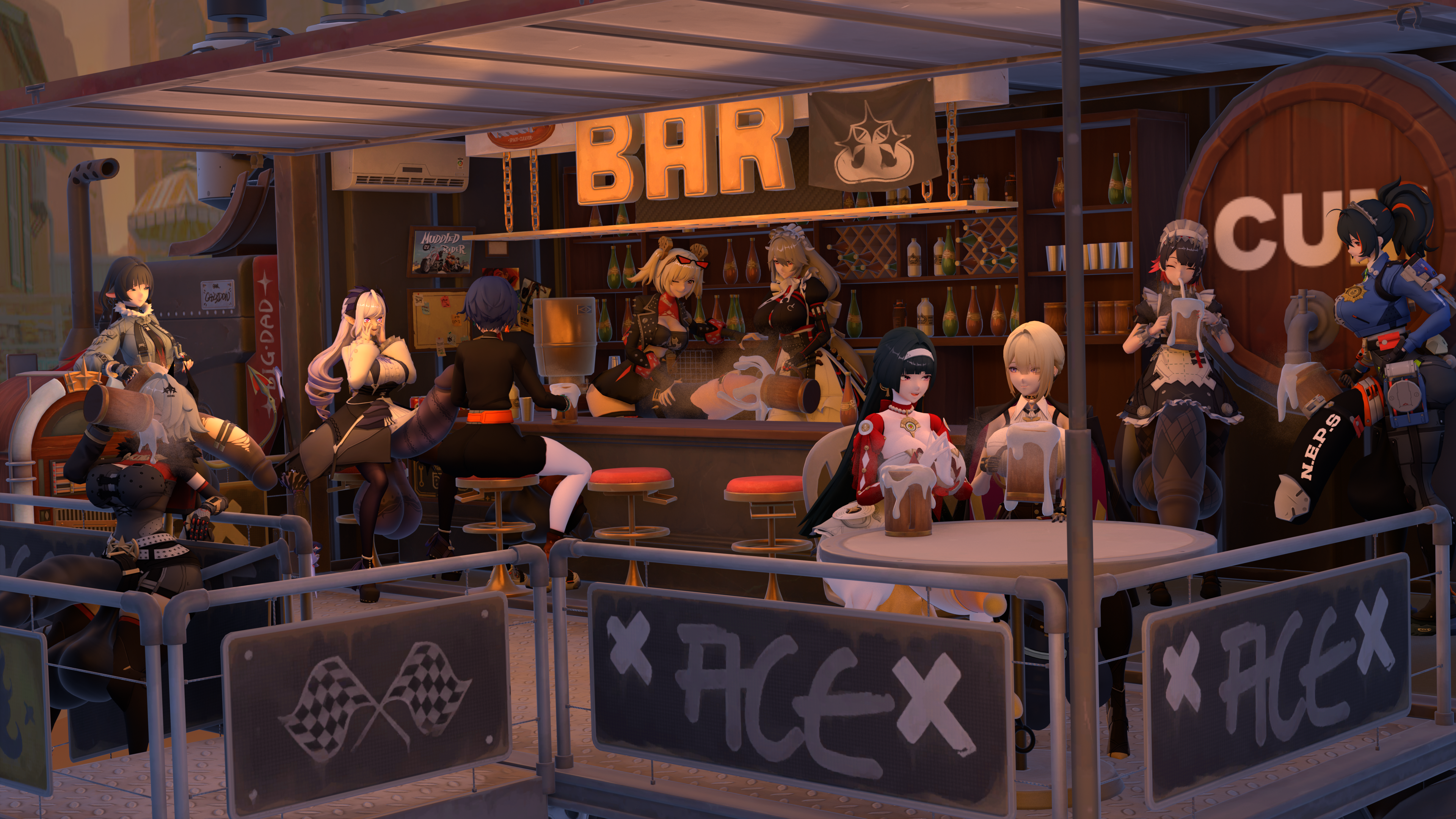 3d, 3d (artwork), 6+futas, absurd res, absurdly large cock, alexandrina sebastiane, alternate breast size, astra yao, belle (zenless zone zero), big breasts, big penis, burnice white, caesar king, casual exposure, clothed, clothing, cum, cum in container, cum in mug, cumshot, drinking, drinking cum, ejaculation, ellen joe, evelyn chevalier, futa only, futaflux, futanari, highres, huge cock, hyper, hyper penis, jane doe (zenless zone zero), large breasts, large penis, maid, maid headdress, maid uniform, multicolored hair, multiple futa, purple hair, short hair, source filmmaker, thick thighs, vivian banshee, zenless zone zero, zhu yuan