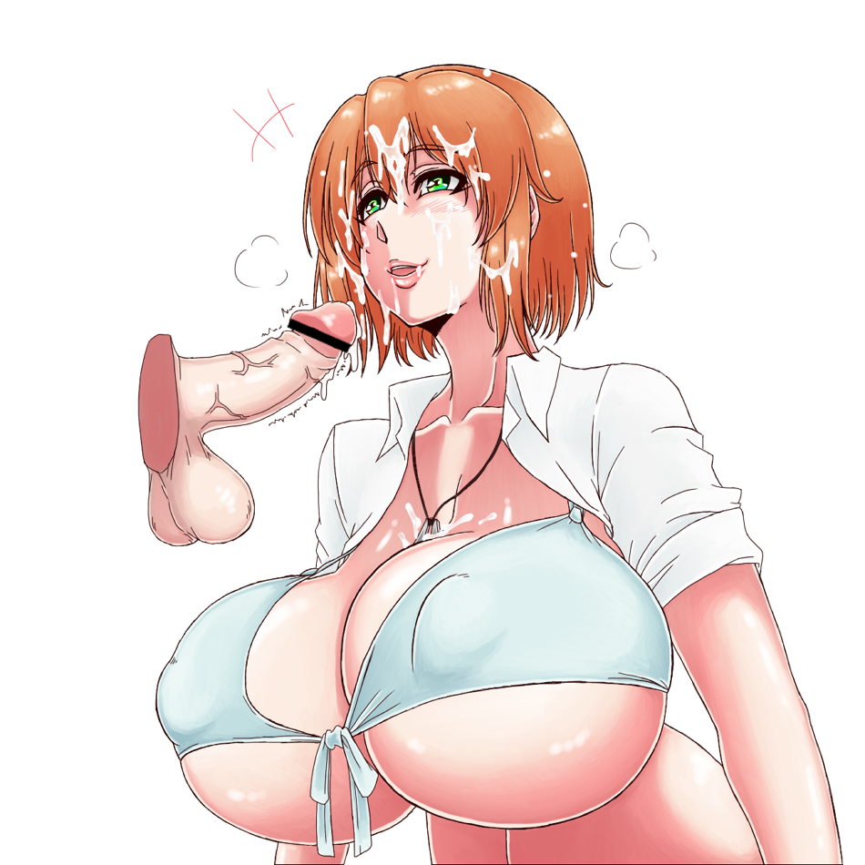 bar_censor breasts censored cum cum_on_hair erection facial female green_eyes hair huge_breasts lips magic_penis necklace orange_hair penis pointless_censoring psp(3dass) puffy_nipples short_hair simple_background solo_focus testicles underboob veiny veiny_penis white_background