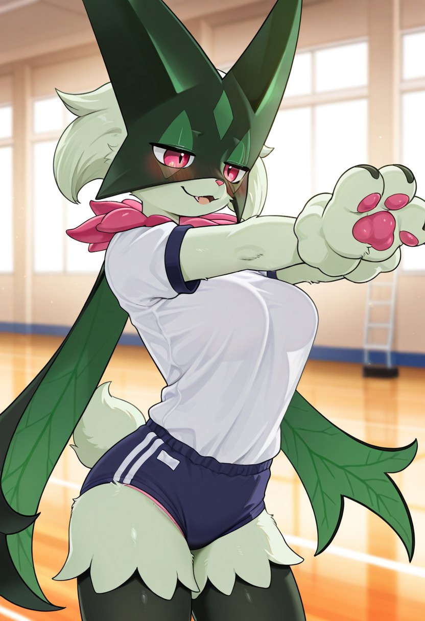 ai generated, anthro, buruma, female, furry, gym uniform, meowscarada, miragetheone, nintendo, panty peek, pokemon, pokemon (species), stretching