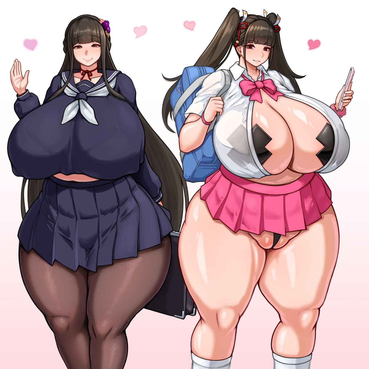 1girls, 2girls, ass, bag, bbw, belly, big body, big breasts, bottomless, bra visible through clothes, breasts, chubby, covered nipples, female, full body, gigantic ass, gigantic breasts, gyaru, hand on breast, hand on hip, heart, heart symbol, heels, kunoichi enrai, last origin, mature female, milf, nipple bulge, panties, pantyshot, pasties, school uniform, skin, smile, solo, tall female, thick ass, thick hips, thick thighs, thigh strap, twintails, wedgie, wet tea, wide hips, x pasties