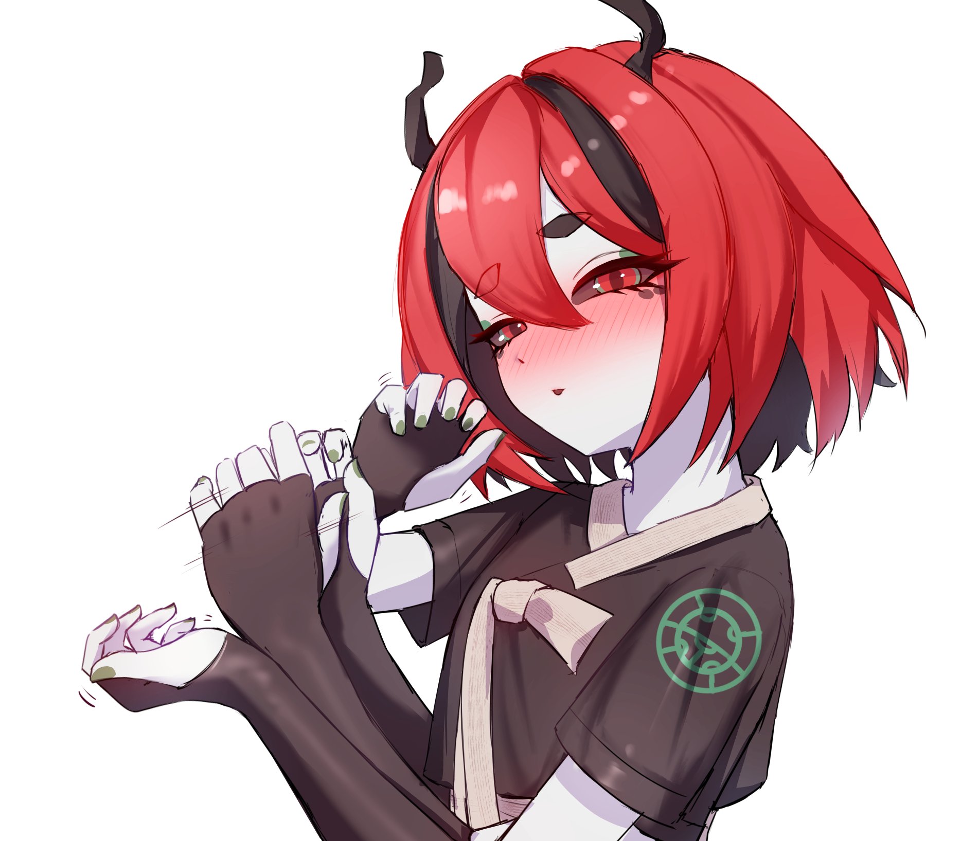 1girls, 4 arms, balls, balls fondling, bandaged chest, beastiez, beribug, black hair, black sclera, blush, bug girl, cgator, fangs, female, gesture, gesturing at viewer, grey skin, handjob gesture, implied handjob, implied oral, indie virtual youtuber, ladybug, looking at viewer, male, multi arm, multi limb, multiple handjob, red eyes, red hair, simple background, simulated handjob, solo, solo female, virtual youtuber, vtuber, white background