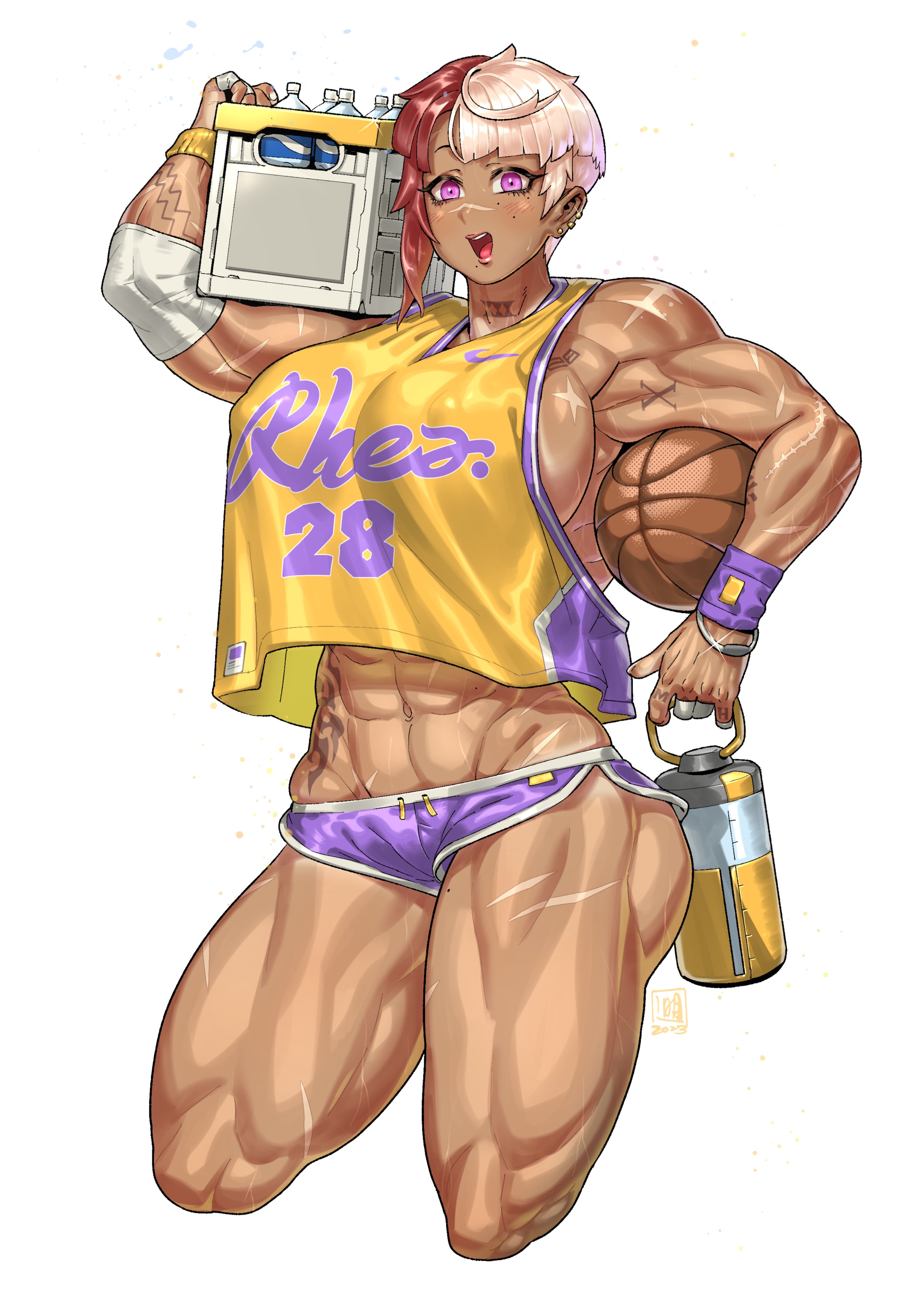 1girls, abs, basketball, basketball uniform, breasts, breasts bigger than head, casual, dyed hair, expressions, female, huge breasts, lilminindahouse, mixed hair color, muscular, muscular female, no bra, oc, original character, pink eyes, red hair, rhea (ming liu), scar, scar on face, scars, scars all over, sportswear, spots, tagme, tan, tan body, tan skin, tan-skinned female, tanned, tanned skin, tattoo, tattoos
