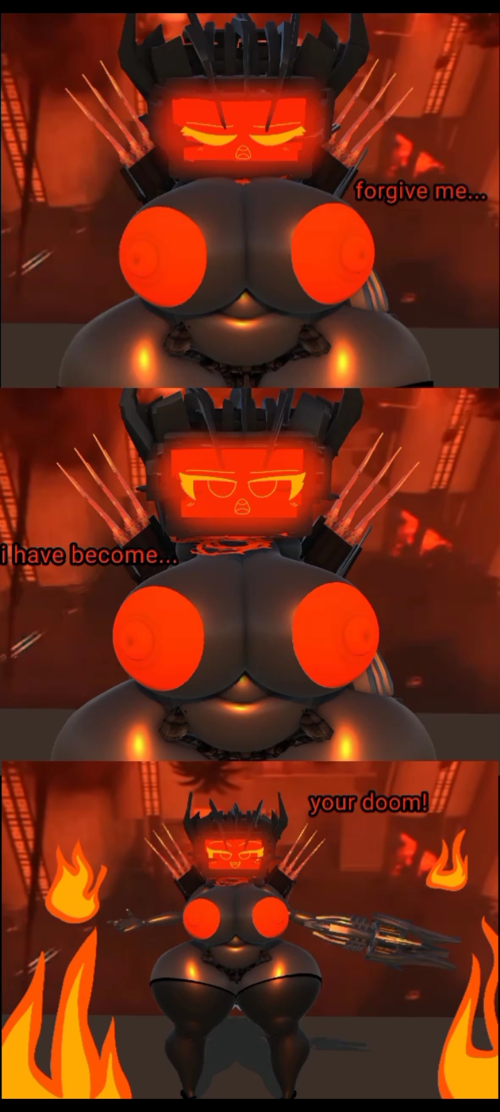 1girls, 3d, background, big breasts, breasts, comic, comic page, core fucker, female, fireplace, larger female, naked, naked female, only one naked, orange eyes, robot, robot girl, skibidi toilet, speaking, titan tv woman (skibidi toilet), watchman of doom (skibidi toilet), watchwoman of doom
