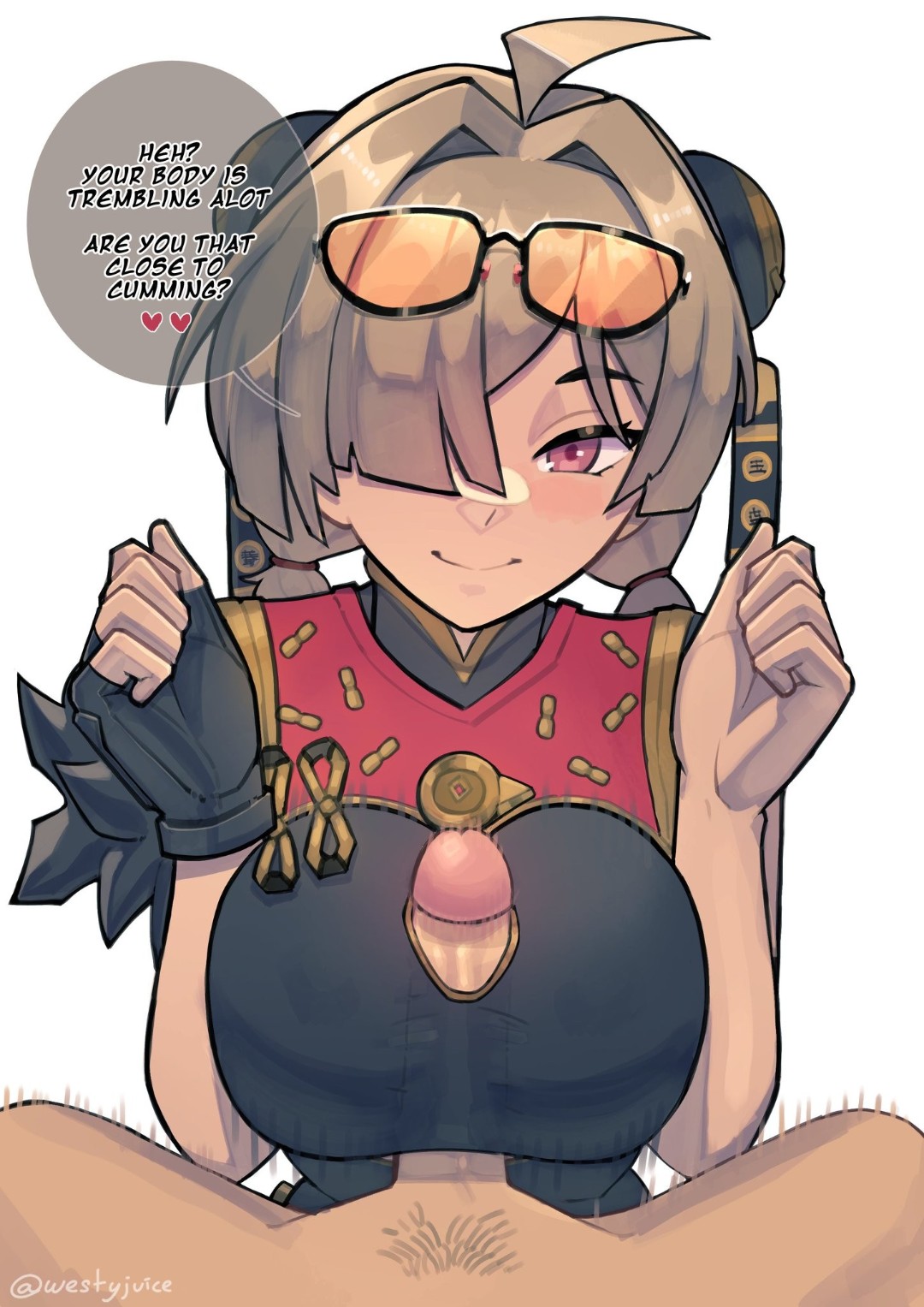 arms pressing breasts together, breasts, cleavage, cum on breasts, cum on face, female, glasses on head, paizuri, paizuri under clothes, sweety (zenless zone zero), titjob, underboob