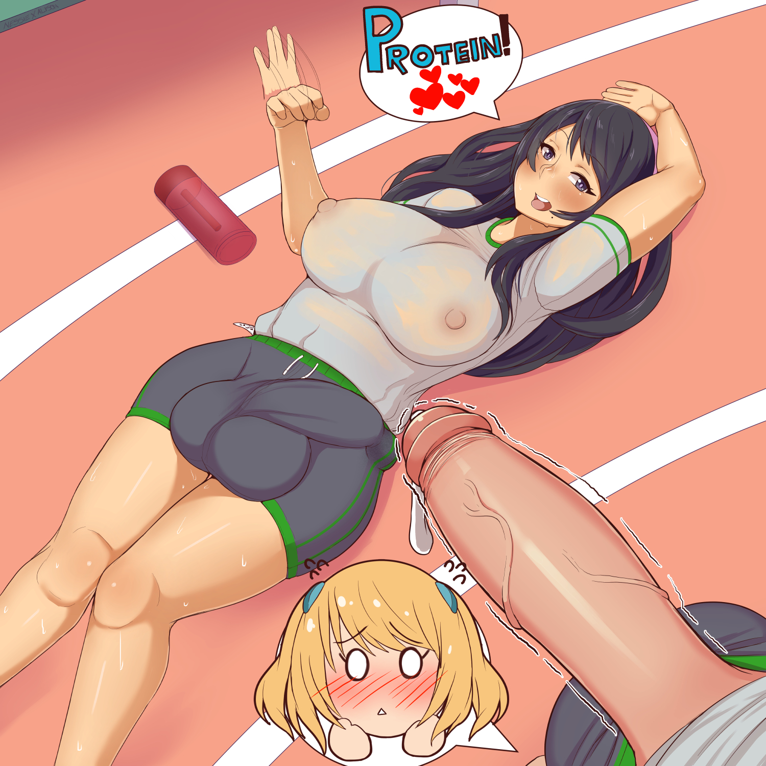 alison (lewdua), areolae, balls, blue eyes, blush, breasts, bulge, cleavage, clothing, dickgirl, erection under clothes, futa only, futanari, gaikiken, huge cock, intersex, mole, mole under mouth, nessie (lewdua), nipples, penis, penis under clothes, see-through, testicles