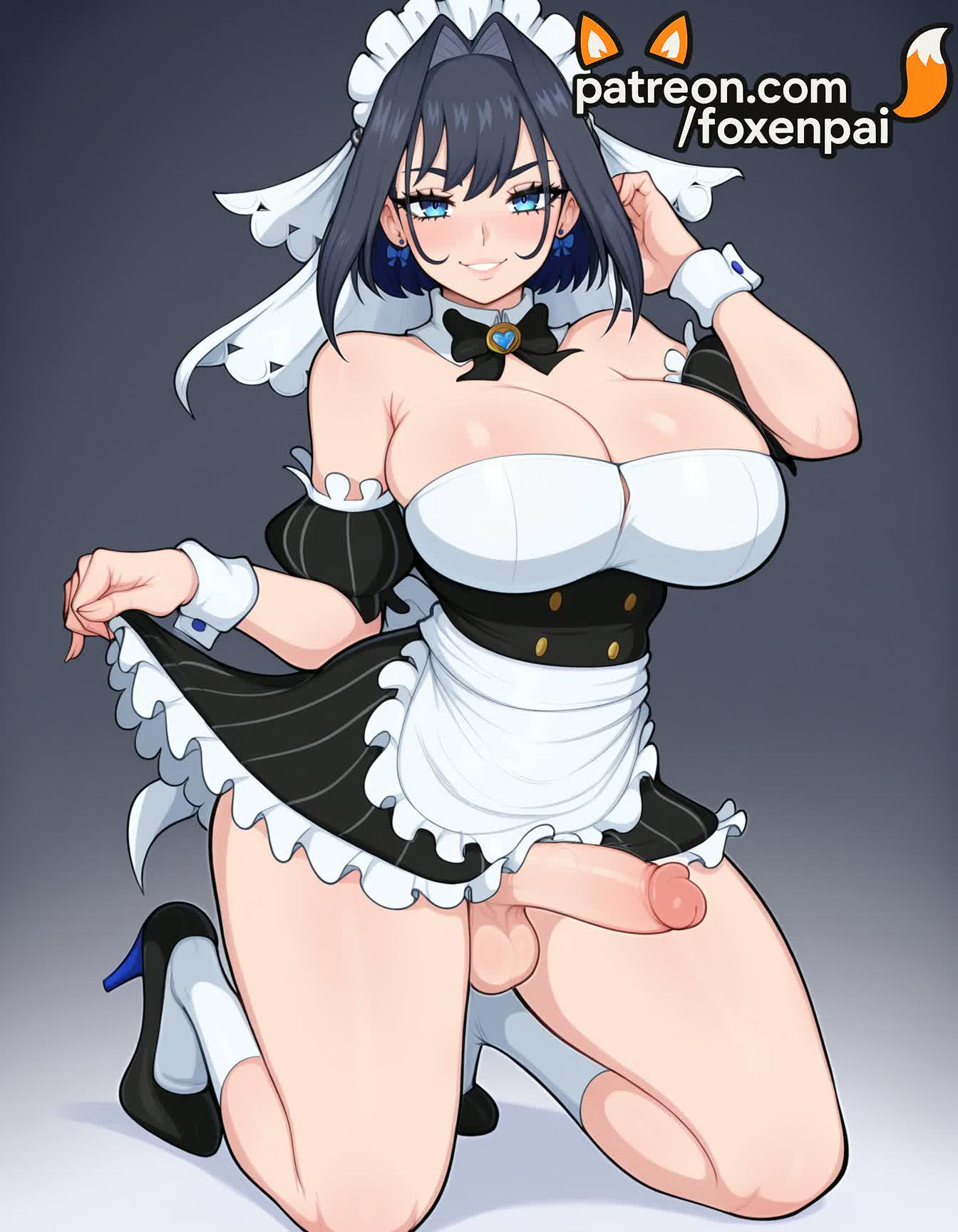 1futa, 2025, ai generated, apron, artist name, balls, black hair, breasts, bust, chest, cock, cross earrings, dick, dress, ear piercing, earrings, erection, foreskin, foxenpai, frilled apron, frills, futa only, futanari, gradient, gradient background, hi res, high heels, high quality, high resolution, highres, hololive, hololive english, intersex, jewelry, light-skinned futa, maid, maid apron, maid headdress, male, male focus, otoko no ko, ouro kronii, patreon, patreon username, penis, precum, rule 63, smile, solo, squatting, stable diffusion, testicles, tight foreskin, uncensored, uncircumcised, virtual youtuber, vtuber, watermark, white apron, wrist cuffs