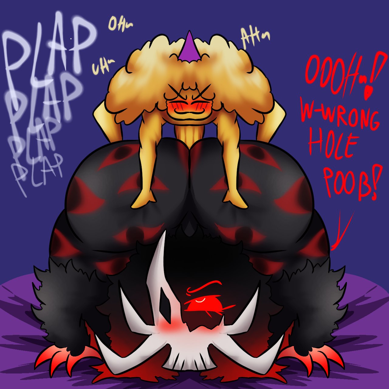 1female, 1male, 2d, 2d (artwork), anal sex, ass, big ass, big butt, black body, black hair, closed eyes, dialogue, english text, eyes on body, eyes on legs, eyes rolling back, folly (regretevator), hard cock, lacil secret (artist), moaning, party hat, penetration, poob (regretevator), red eyes, red fingers, red hair, regretevator, roblox, roblox game, robloxian, size difference, text, yellow body, yellow hair