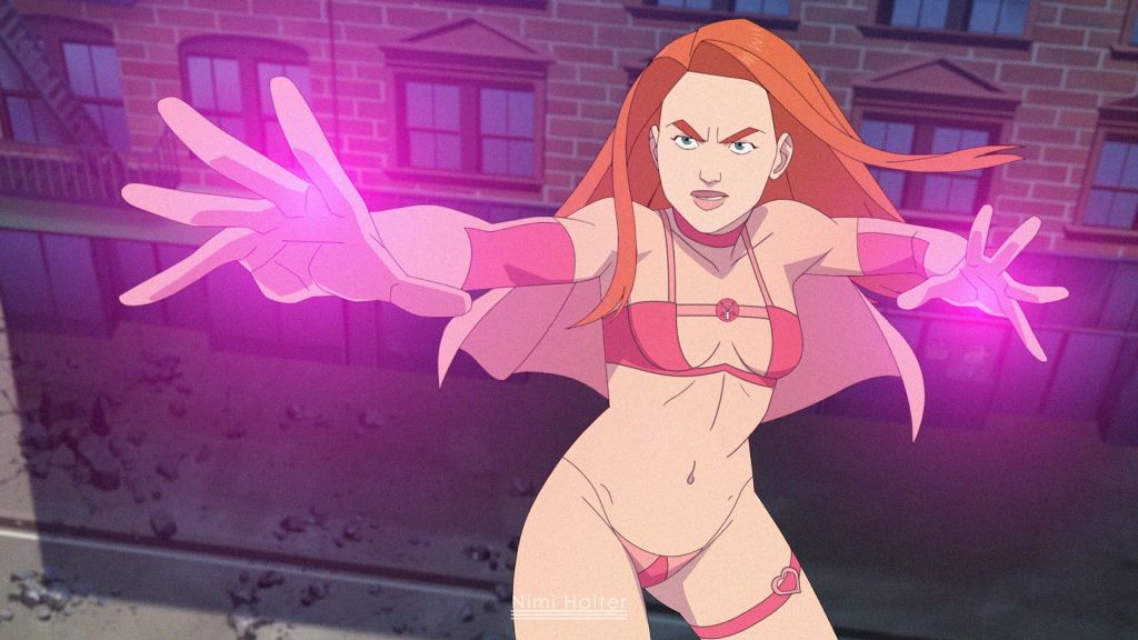 1girls, accurate art style, atom eve, cape, edit, female, female only, invincible, invincible (tv series), revealing clothes, screencap, screenshot, skimpy, skimpy clothes