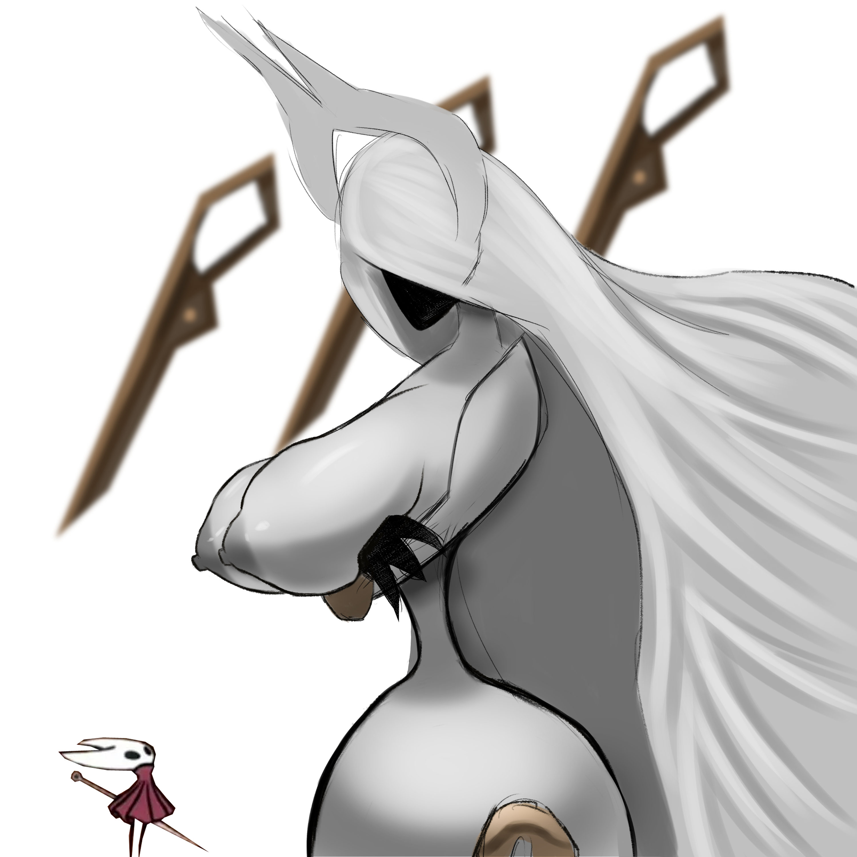 2025, 2girls, big breasts, breasts, cloak, female, gauntlets, goddess, grand mother silk, halo, height difference, hi res, hollow knight, hollow knight: silksong, hornet (hollow knight), horns, kieronsfw, red clothing, silksong, size difference, thick thighs, thighs, very long hair, white hair