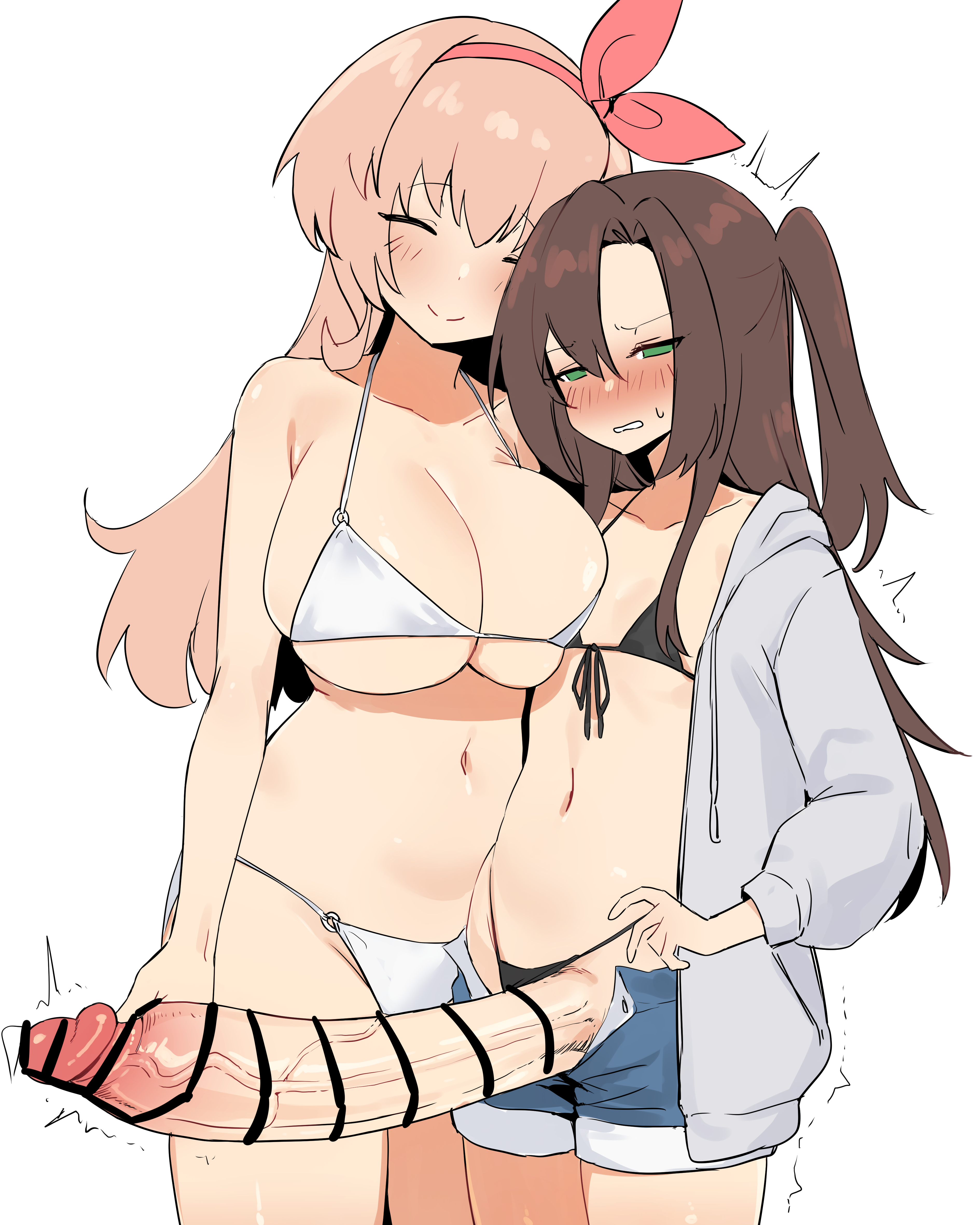 1futa, 1girls, big breasts, big penis, bikini, blush, breasts, brown hair, censored, compa, embarrassed, female, flat chest, futa with female, futanari, green eyes, hand on penis, huge cock, if (neptunia), imkay 3, intersex, neptunia (series), orange hair, penis, small breasts, small but hung, smaller futa, smile, veiny penis