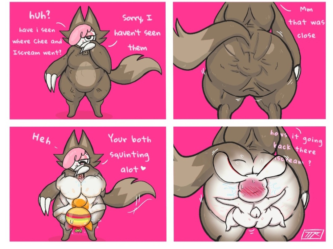 agender, anthro, artist request, blush, blush lines, blushing, butt crack, butt sniffing, cat, cheezborger (chikn nuggit), chikn nuggit, clothed, clothing entrapment, cofi (chikn nuggit), costume, digital media (artwork), entrapment, felid, feline, felis, female, furry, iscream (chikn nuggit), nude, sheep, tagme, tail, tight clothing, tight fit, wolf costume, wolf tail