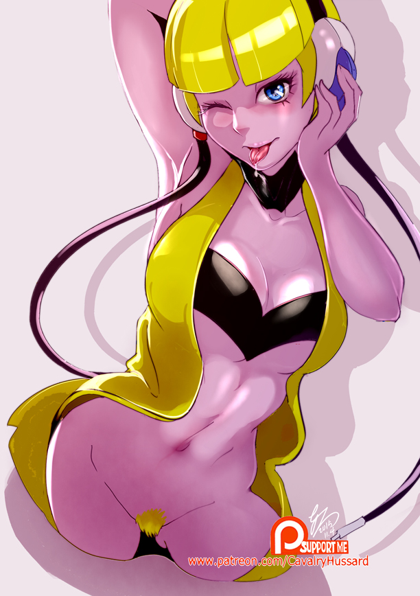 arm up, armpits, big breasts, blonde hair, blonde pubic hair, blue eyes, bottomless, bra, breasts, cavalry, cleavage, clothed female, elesa (pokemon), female, female only, large breasts, long hair, navel, nintendo, no panties, open mouth, pokemon, pubic hair, pussy, saliva, solo, standing, teasing, tongue, tongue out, wide hips, wink