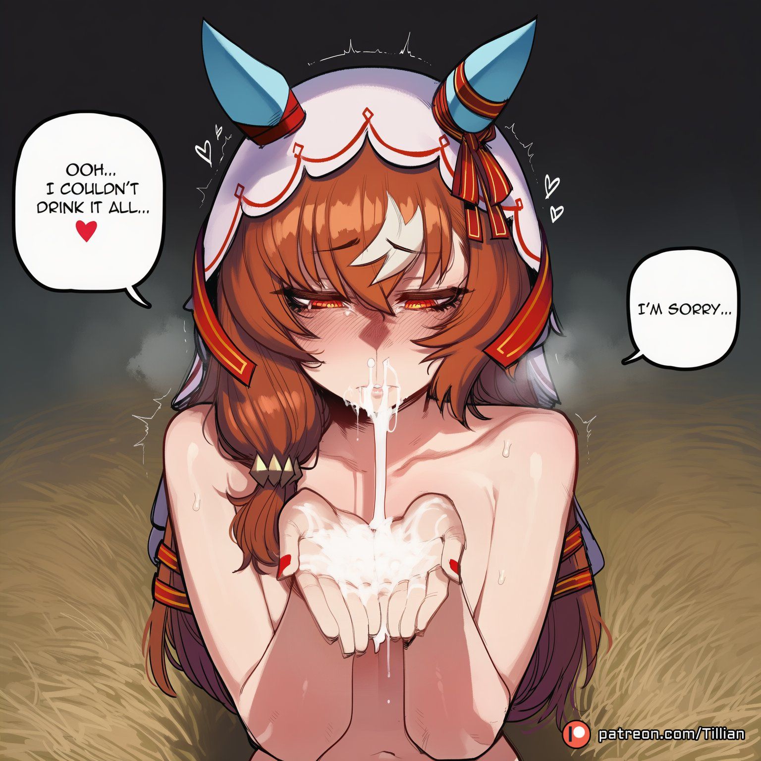 after fellatio, ai generated, animal ears, artist name, blush, breasts, brown hair, collarbone, cum, cum in mouth, cum in nose, cum on hands, cumdrip, cupping hands, ear covers, english text, facial, female, gokkun, hair between eyes, heart, heavy breathing, horse ears, horse girl, long hair, multicolored hair, nail polish, navel, nude, own hands together, patreon username, red eyes, red nails, solo, speech bubble, still in love (umamusume), streaked hair, sweat, tearing up, tears, tillian, trembling, umamusume, umamusume pretty derby, veil, web address, white hair