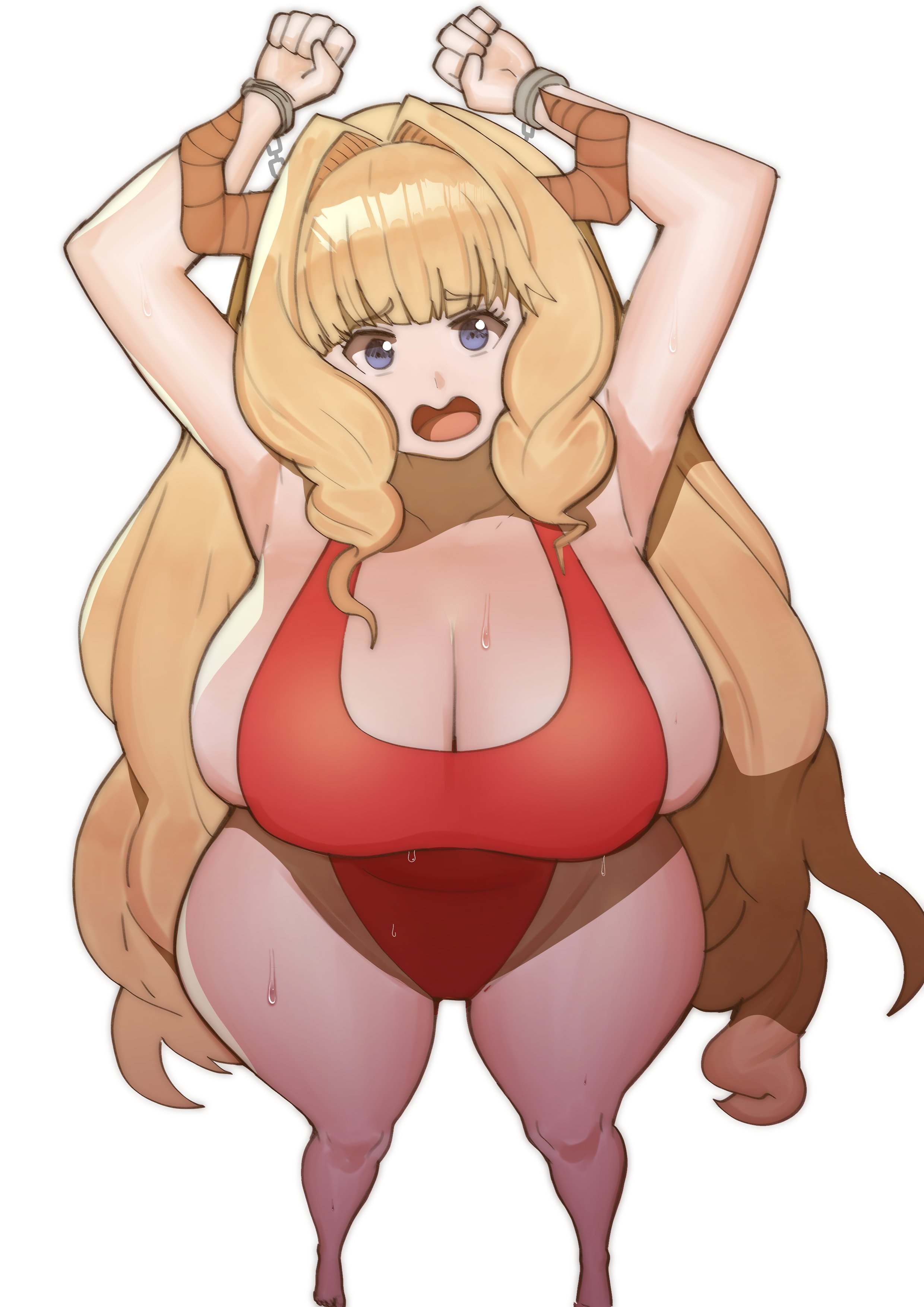 1girls, breasts, character request, copyright request, doublehero, female, female focus, female only, large breasts, light skin, light-skinned female, one-piece swimsuit, solo, swimsuit, thick thighs, thighs, white background, wide hips