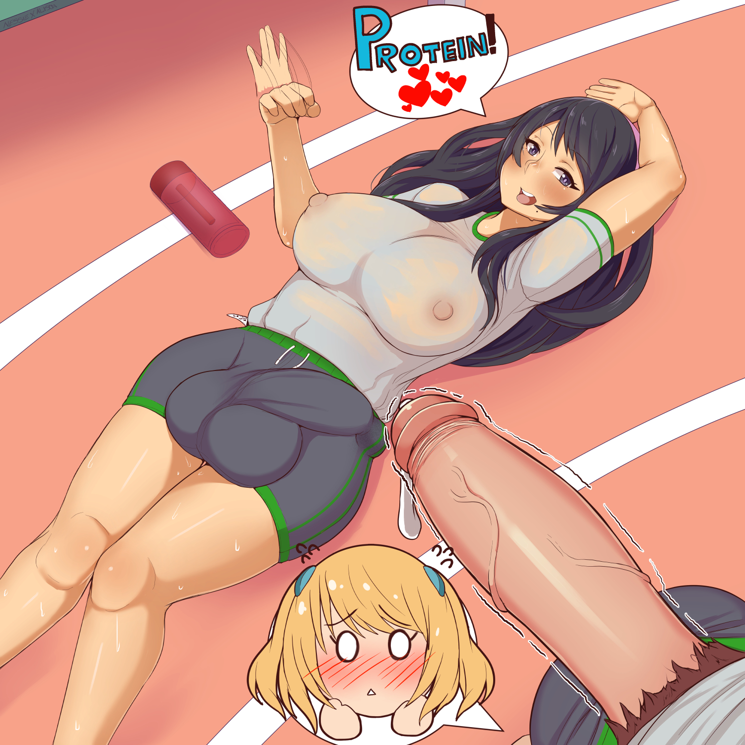 2futas, alison (lewdua), areolae, balls, blush, breasts, bulge, cleavage, clothing, dickgirl, erection under clothes, futa only, futanari, gaikiken, huge cock, intersex, mole, mole under mouth, nessie (lewdua), nipples, penis, penis size difference, penis under clothes, precum, pubic hair, see-through, speech bubble, testicles, text, veiny penis