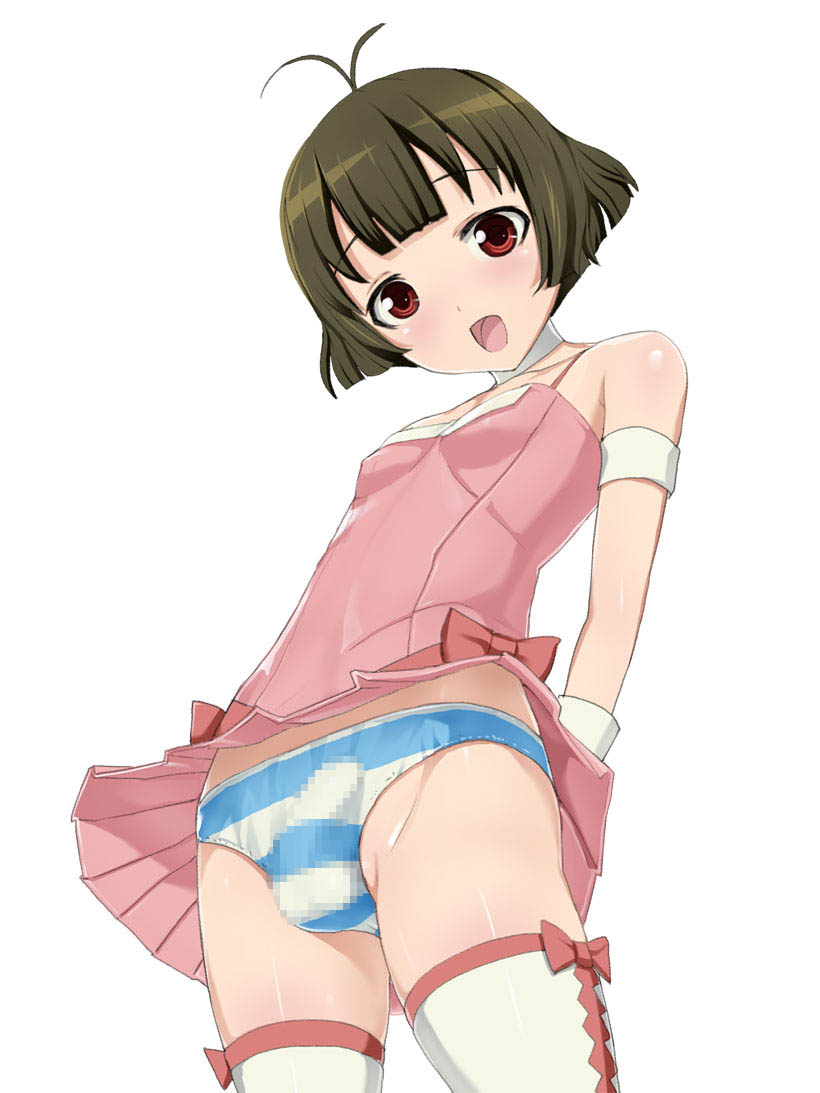 1boy akizuki_ryou artist_request barefoot blush brown_hair bulge censored crossdressing cute_male femboy feminine_male girly idolmaster looking_at_viewer male male_focus male_only open_mouth panties red_eyes ryou_akizuki simple_background solo striped striped_panties thighhighs trap