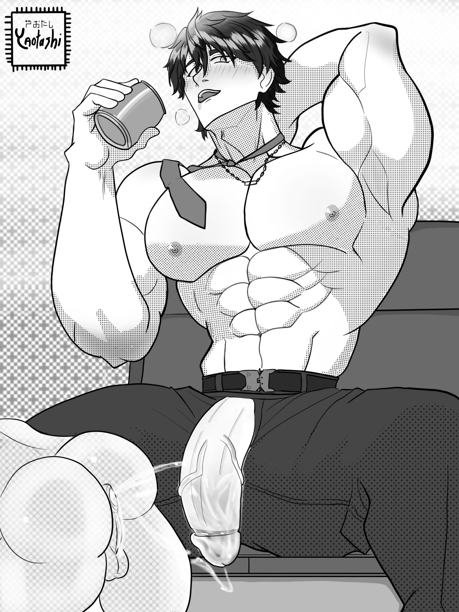 after sex, ananta, artist name, ass, asshole, bangs, bara, big arms, big penis, black and white, black hair, black pants, chenxiu, chenxiu (ananta), cum, cum drip, cum in ass, cum inside, drinking, flaccid, flaccid penis, gay, grayscale, hair between eyes, legs spread, male, male focus, male only, manga, manga style, muscles, muscular, muscular male, out of frame, pants, penis, penis out, sitting, size difference, soda, soda can, thick thighs, yaoi, yaotashi