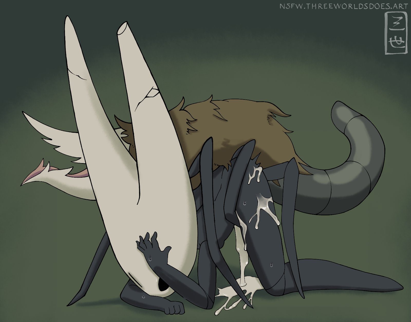 1boy, 1girls, 2025, ambiguous penetration, cum, cum inside, doggy style, female, feral on anthro, hi res, hollow knight, hollow knight: silksong, hornet (hollow knight), interspecies, long tongue, male, male/female, mask, masked, masked female, monster, muckroach, multi leg, multi limb, questionable consent, sex, silksong, sweat, tail, threeworlds, tongue