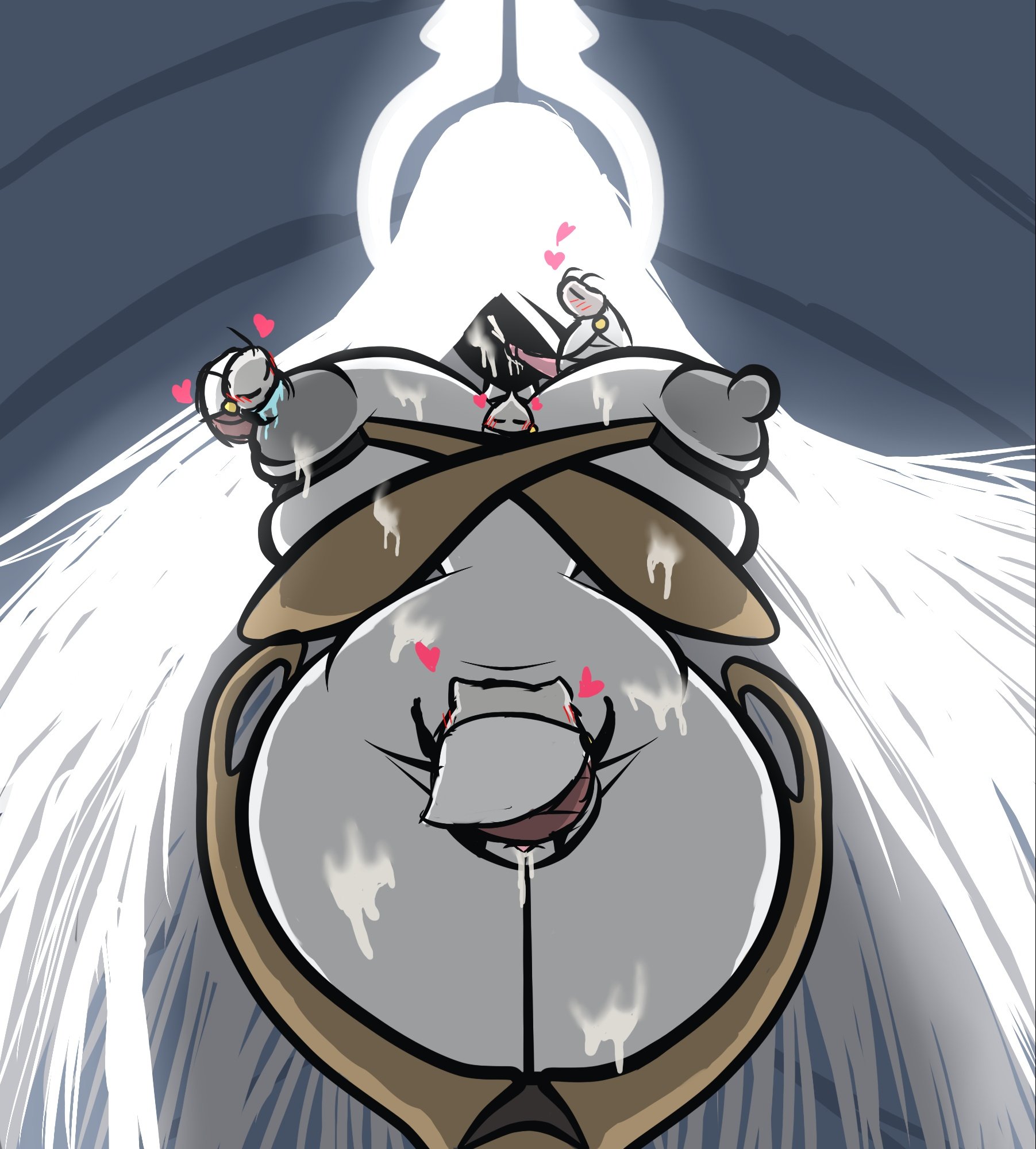 1girls, 2025, 4boys, big breasts, breasts, choir bellbearer, choir flyer, choir hornhead, choir pouncer, cum, cum in pussy, cum inside, cum on body, female, gauntlets, goddess, grand mother silk, grey body, grey skin, halo, heart, height difference, hi res, holding breast, hollow knight, hollow knight: silksong, male, male/female, pilgrim (hollow knight), pilgrim hulk, pilgrim pouncer, pussy, saliva, silksong, size difference, thick thighs, thighs, very long hair, white hair, winged pilgrim, winged pilgrim bellbearer, yuriinsfw (artist)