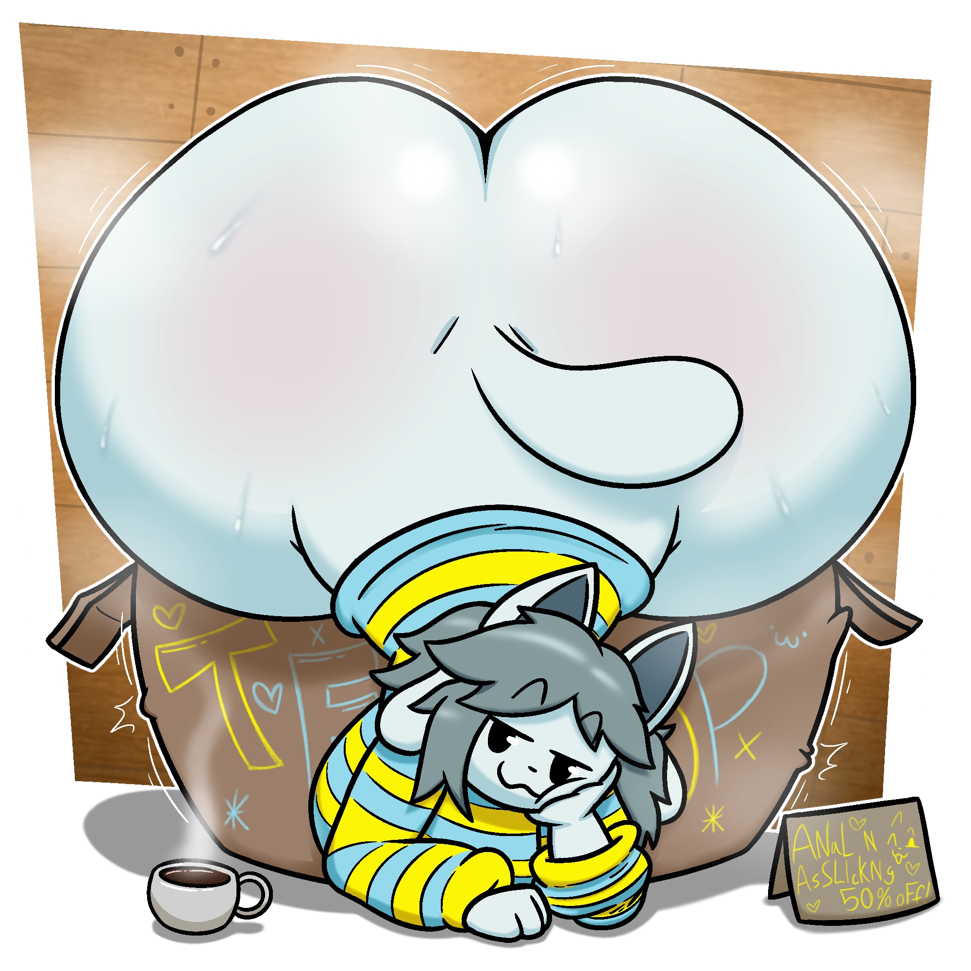 ass, big ass, big butt, butt blush, coffee, coffee mug, feline, female, giant ass, in box, randompersonguy, seductive, seductive look, seductive smile, smirk, solo, sweat, sweaty, tail, temmie, temmie (undertale), thick ass, thick butt, thick thighs, twitter username, undertale, undertale (series)