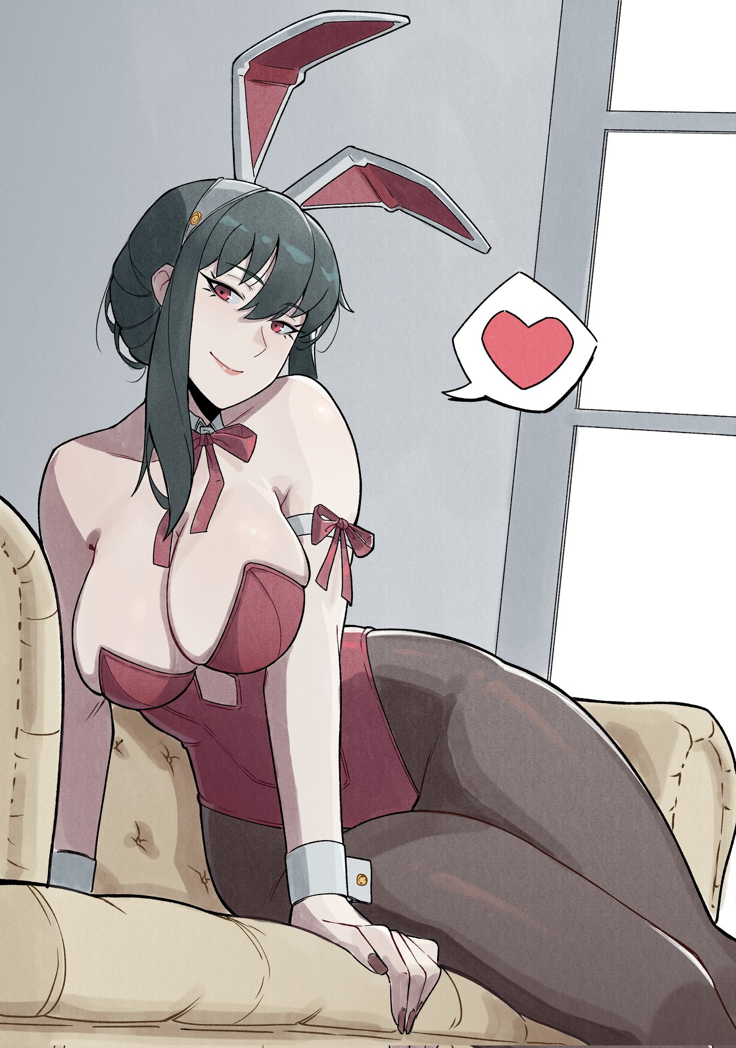 1girls, aneurysm.ax, animal ear hairband, animal ears, bare shoulders, black hair, breasts, bunny ears, bunnysuit, detached collar, exposed breasts, fake animal ears, female, hairband, highres, large breasts, leotard, lips, long hair, looking at viewer, on couch, pantyhose, playboy bunny, rabbit ear hairband, rabbit ears, red bunny ears, red bunnysuit, red eyes, red leotard, sidelocks, smile, solo, spy x family, strapless, strapless leotard, white wrist cuffs, wrist cuffs, yor briar, yor forger