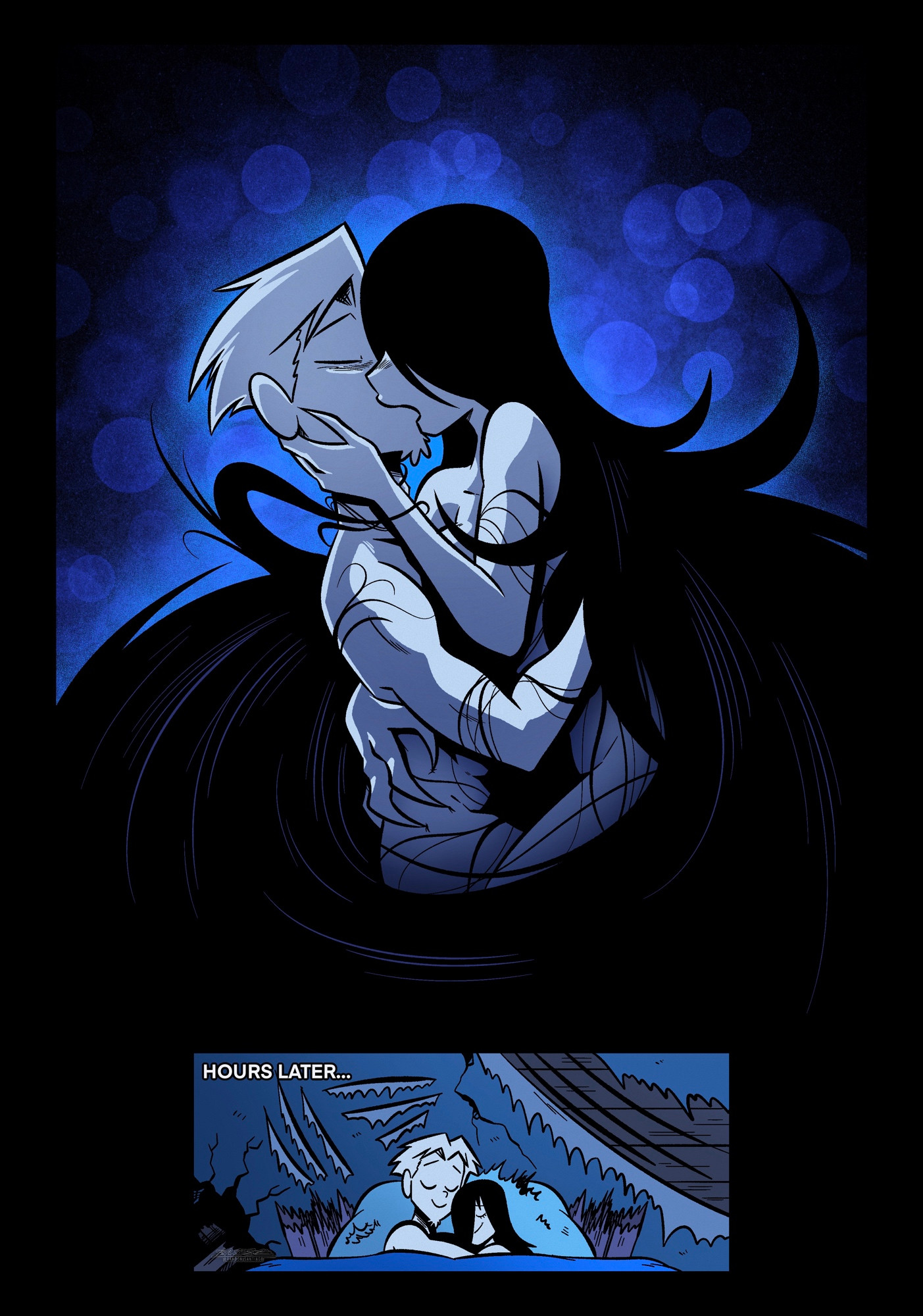 1boy, 1girls, black hair, brandon santiago (artist), comic, cuddling, emiko yuriemoto-williams, erma, kissing, long hair, married couple, samuel williams, tagme, wholesome