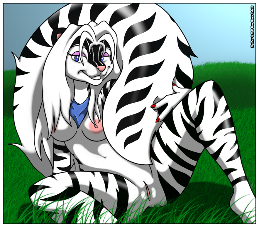 anthro blue_eyes breasts feline female hair hybrid long_hair looking_at_viewer mammal max_blackrabbit nipples nude outside pose pussy skunk smile solo spread_legs spreading tiger verona white_hair zig_zag