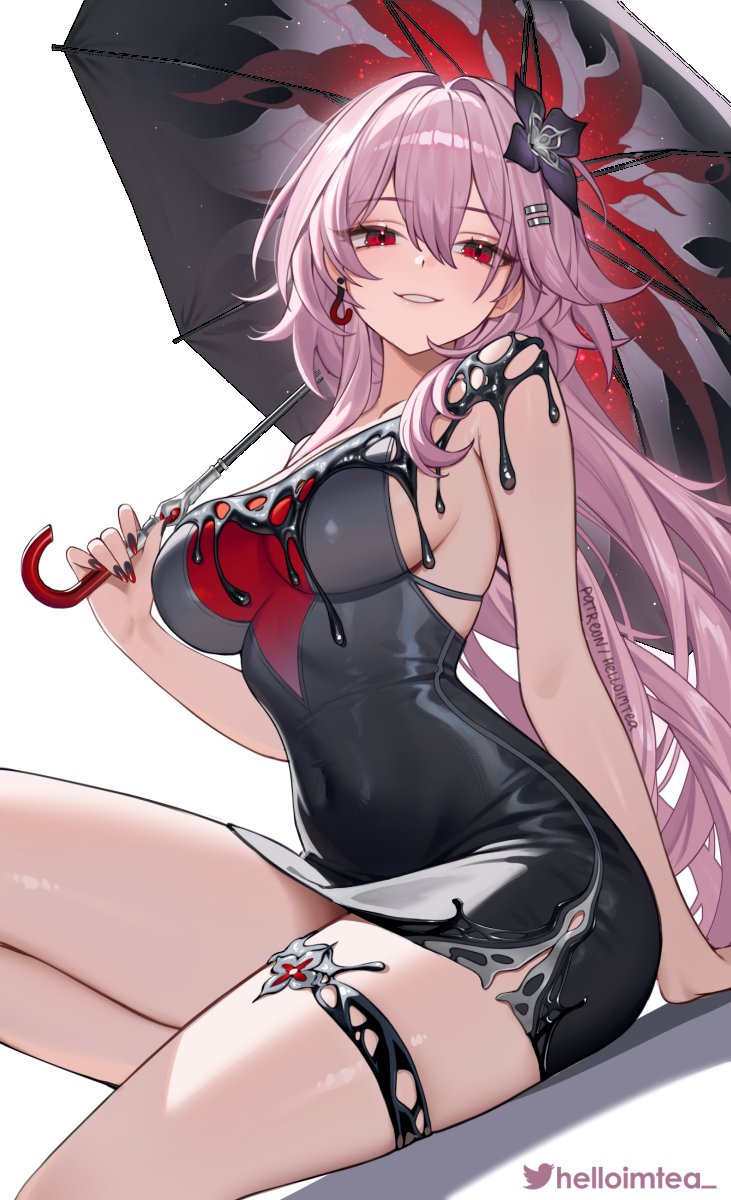 1girls, breasts, evernight (honkai: star rail), female, helloimtea, honkai: star rail, hoyoverse, legs, long hair, march 7th (honkai: star rail), mihoyo, pink hair, red eyes, sideboob, umbrella
