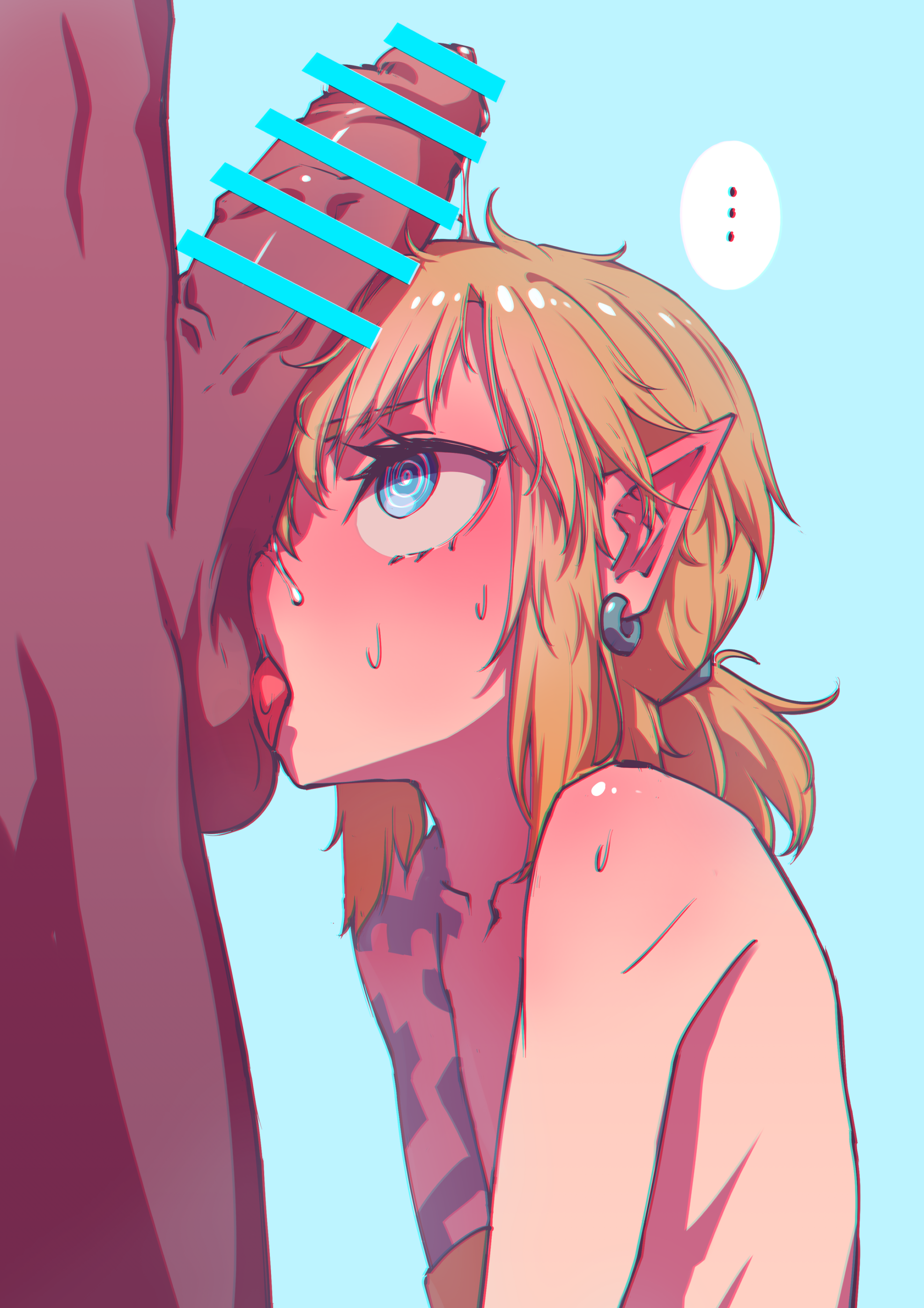 2024, 2boys, arm tattoo, blonde hair, blue eyes, censor bar, censored, censored penis, dark-skinned male, ear blush, earrings, elf, elf boy, elf femboy, eyelashes, femboy, gay, hej, licking balls, light-skinned femboy, link, link (tears of the kingdom), male, male only, penis awe, penis on face, precum, precum on hair, tattoo, tears of the kingdom, the legend of zelda, tied hair, veiny penis, yaoi