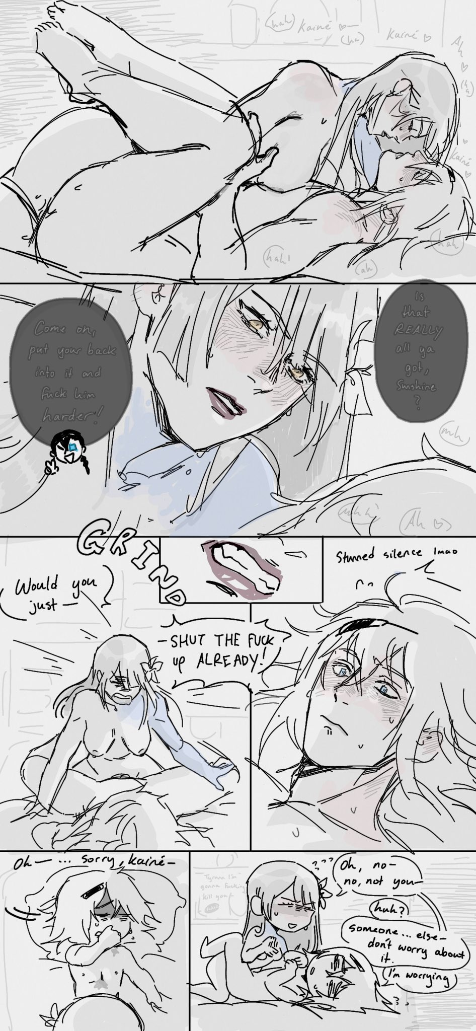1boy1girl, 1girls, 2boys, anal, annoyed, areolae, bed, bed sheet, between legs, blue eyes, blush, body blush, breast press, breasts, canon couple, chibi, close-up, comic, completely nude, cursoulla, dialogue, embarrassed, english text, eyebrows visible through hair, female, female penetrating, female penetrating male, flower, flower in hair, gritted teeth, hairband, half-closed eyes, heart, humor, kaine (nier), long hair, looking pleasured, lying, lying on back, lying on bed, male, male penetrated, missionary position, moaning, monochrome, muscular, muscular male, nervous, nier, nier (character), nier (series), nier replicant, obscured penetration, romantic, romantic couple, scar, scar on chest, scar on shoulder, shoulder blush, side view, sideass, sideboob, sound effects, speech bubble, spoken heart, spread legs, straight, surprised, sweat, tyrann (nier), white background, white hair, wholesome, wide eyed, yelling, yellow eyes