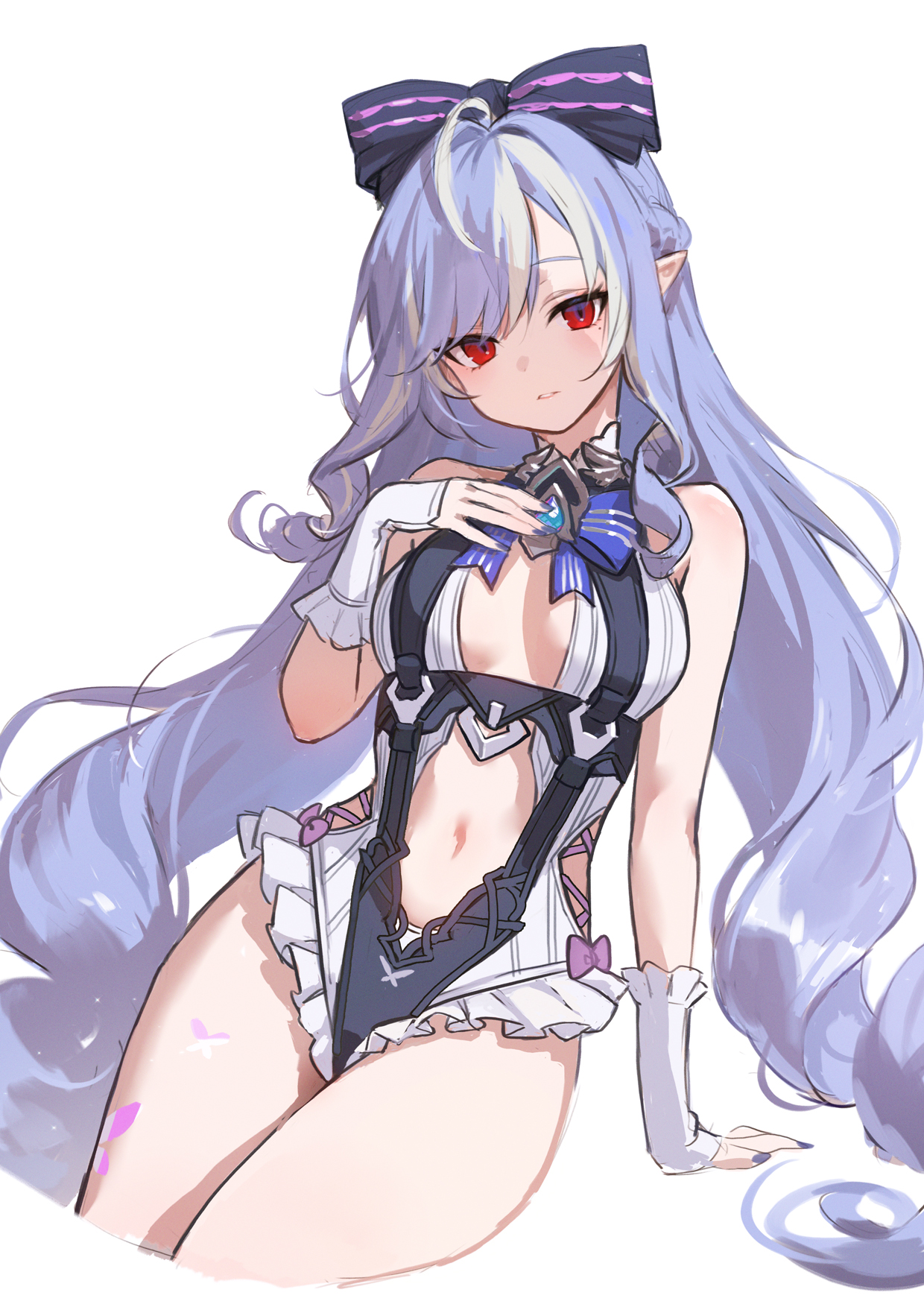1girls, adelie cat, breasts, exposed breasts, female, hoyoverse, legs, long hair, mihoyo, official alternate costume, purple hair, red eyes, swimsuit, vivian banshee, vivian banshee (iris of the shore), white swimsuit, zenless zone zero