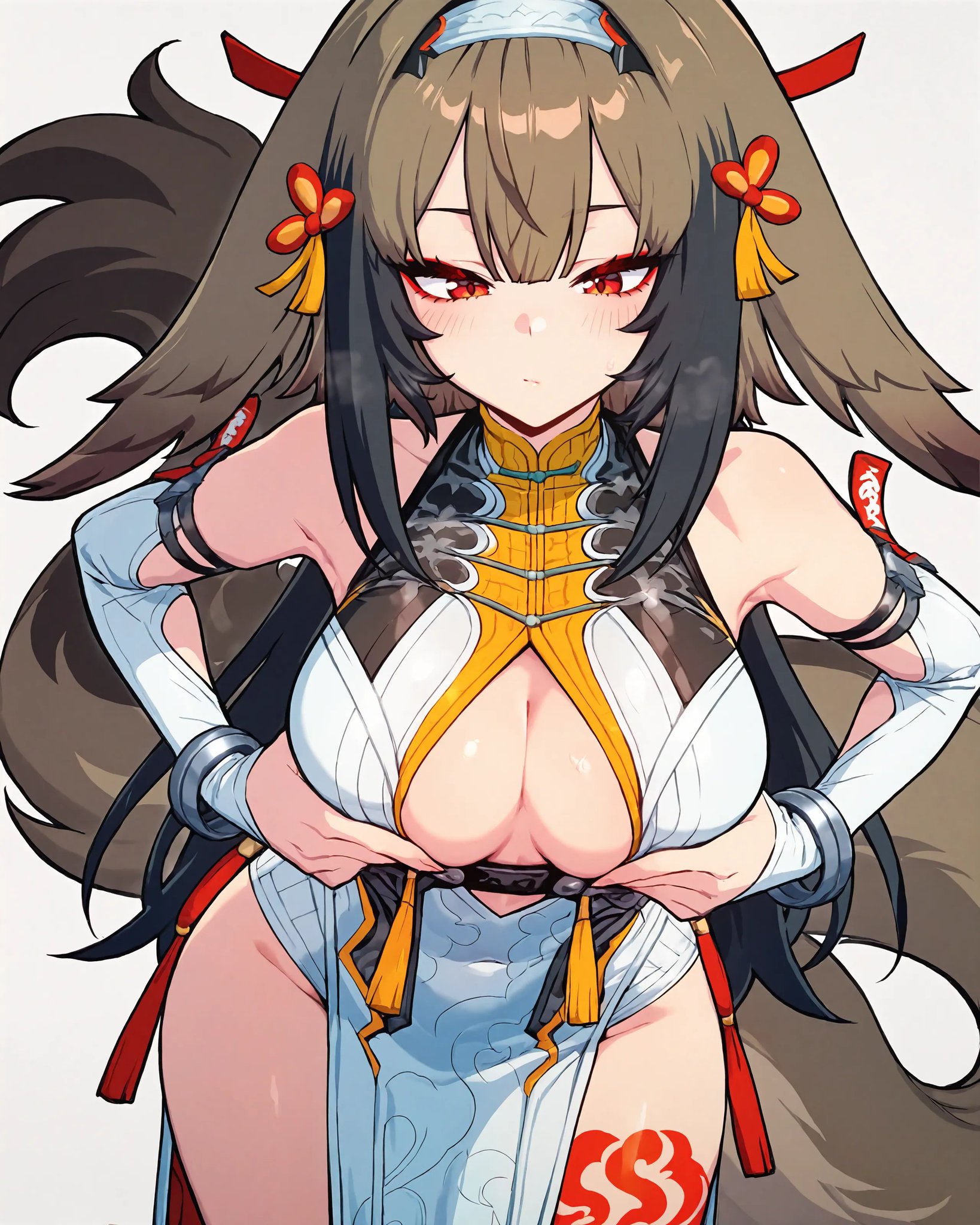 1girls, ai generated, animal ears, armpits, big breasts, blush, boob window, breasts, brown hair, bushy tail, cleavage, clothed, curvy figure, detached sleeves, dress, female, female only, first porn of character, grabbing, grabbing own breast, hair accessory, hairband, hoyoverse, humanoid, long tail, playing with own breasts, pout, red eyes, tail, thick thighs, thiren, two-tone hair, vrcitadel, wide hips, ye shunguang, zenless zone zero