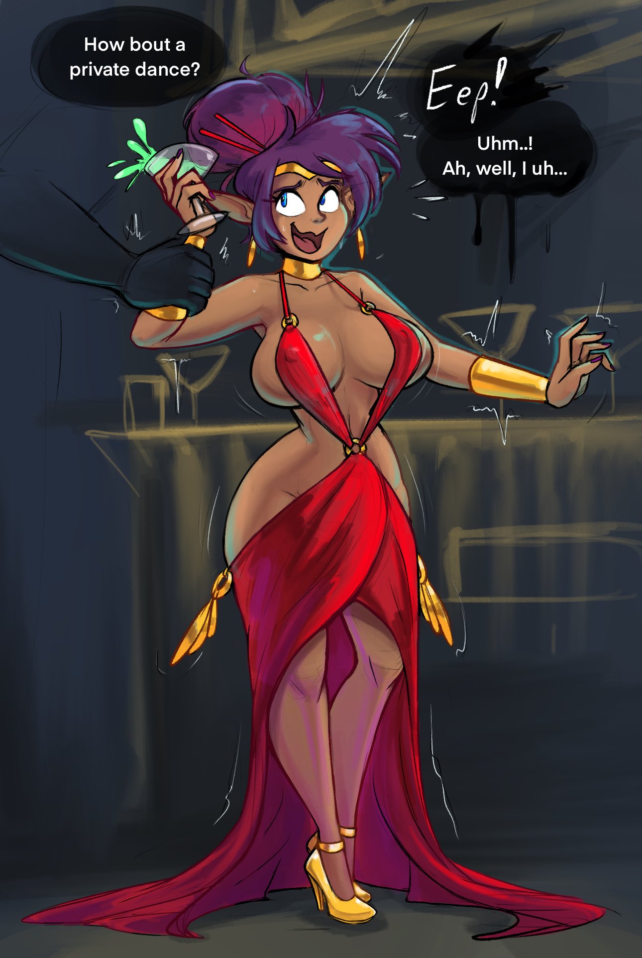 1boy, 1girls, alternate hairstyle, big breasts, blue eyes, bracers, breasts, choker, club, cuddlesword, dress, earrings, english text, erect nipples, faceless male, female, gold jewelry, grabbing another's arm, hair bun, hair ornament, high heels, hourglass figure, hourglass figured female, indoors, large breasts, male, nail polish, nervous, no bra, no panties, no sex, pointy ears, purple hair, revealing clothes, revealing dress, shantae, shantae (character), source request, spilling drink, tagme, tan-skinned female, text, tiara, wide hips