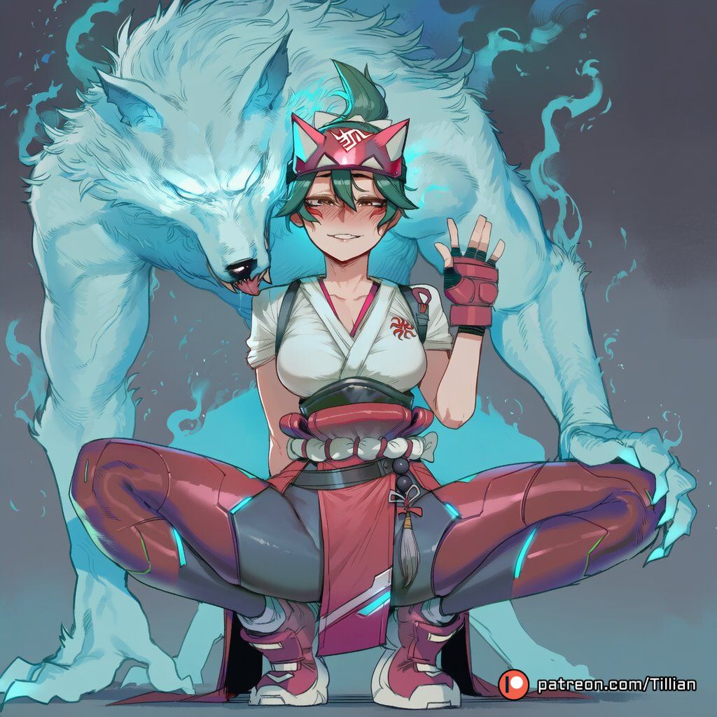 ai generated, anthro, artist name, blush, bow, breasts, brown eyes, canid, canine, canine penis, canis, collarbone, female, fingerless gloves, fox mask, full body, gloves, glowing, glowing eyes, green hair, hairbow, half mask, hand up, japanese clothes, kimono, kiriko (overwatch), looking at viewer, male, mask, medium breasts, ninja, overwatch, overwatch 2, parted lips, patreon logo, patreon username, pelvic curtain, penis, petting, red footwear, red gloves, rope belt, shoes, smile, sneakers, spread legs, squatting, tillian, topknot, web address, white bow, white kimono, wolf